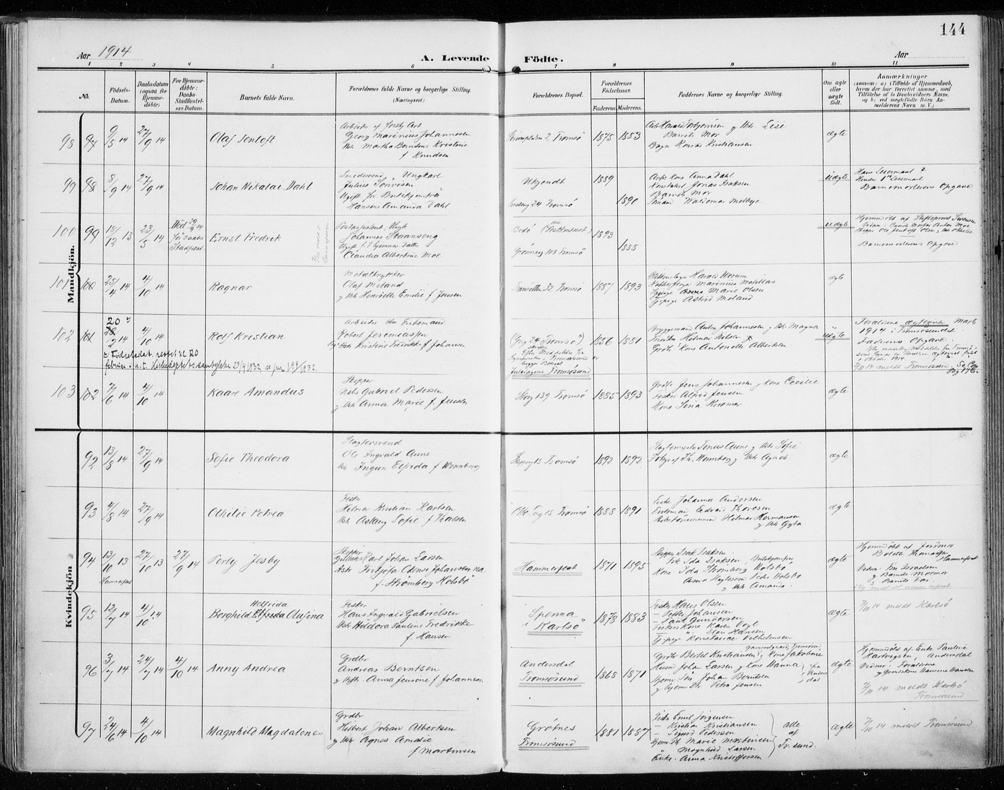 Tromsø sokneprestkontor/stiftsprosti/domprosti, AV/SATØ-S-1343/G/Ga/L0017kirke: Parish register (official) no. 17, 1907-1917, p. 144