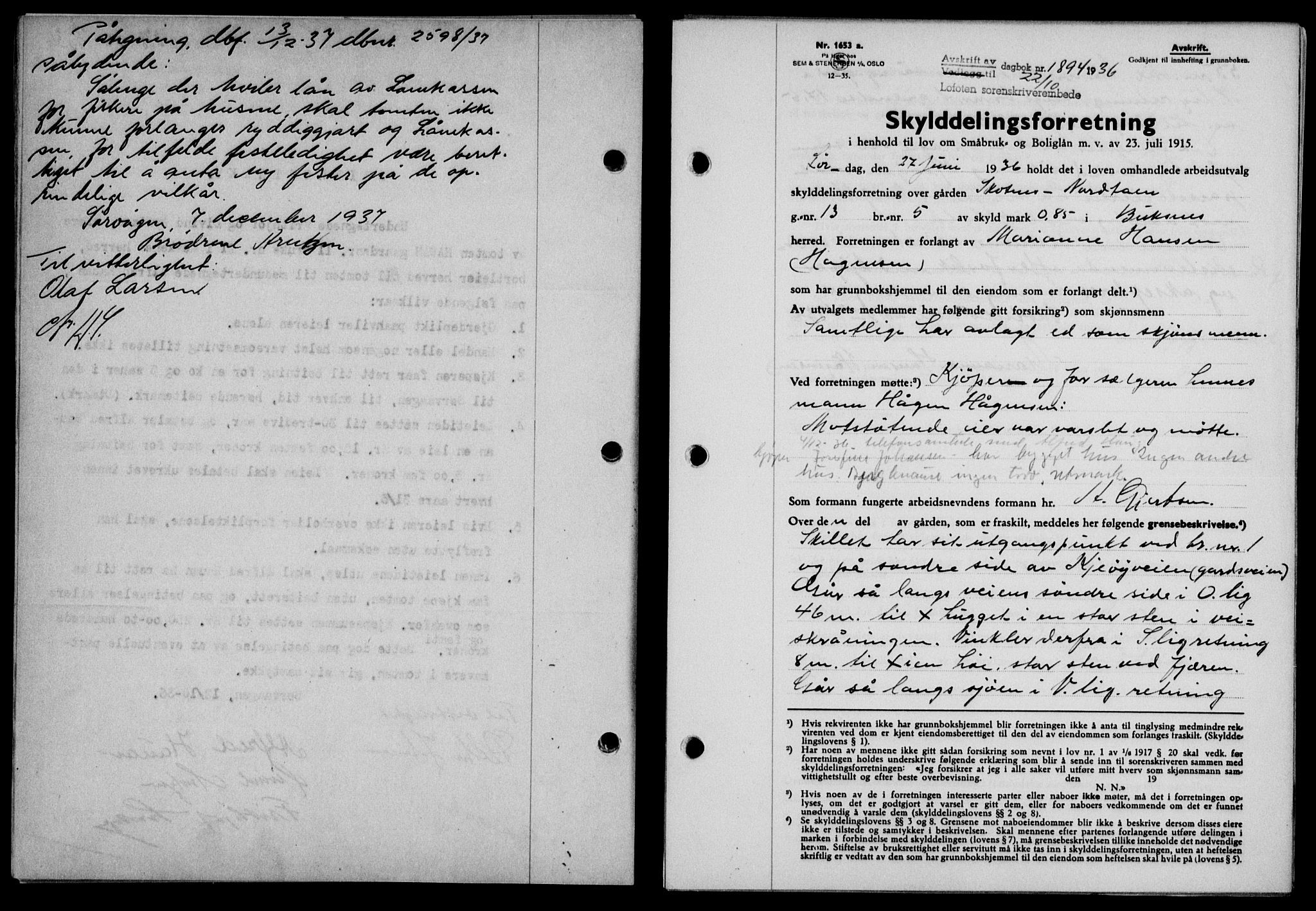 Lofoten sorenskriveri, SAT/A-0017/1/2/2C/L0001a: Mortgage book no. 1a, 1936-1937, Diary no: : 1894/1936