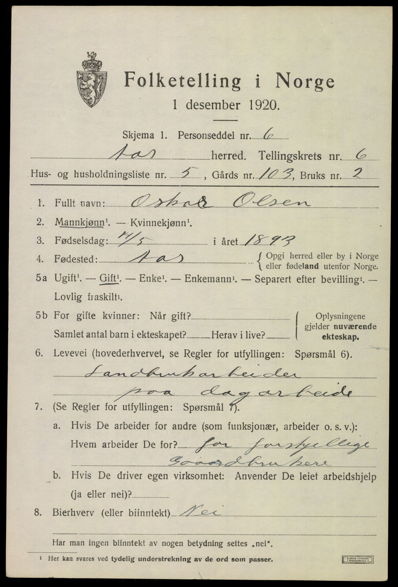 SAO, 1920 census for Ås, 1920, p. 6908