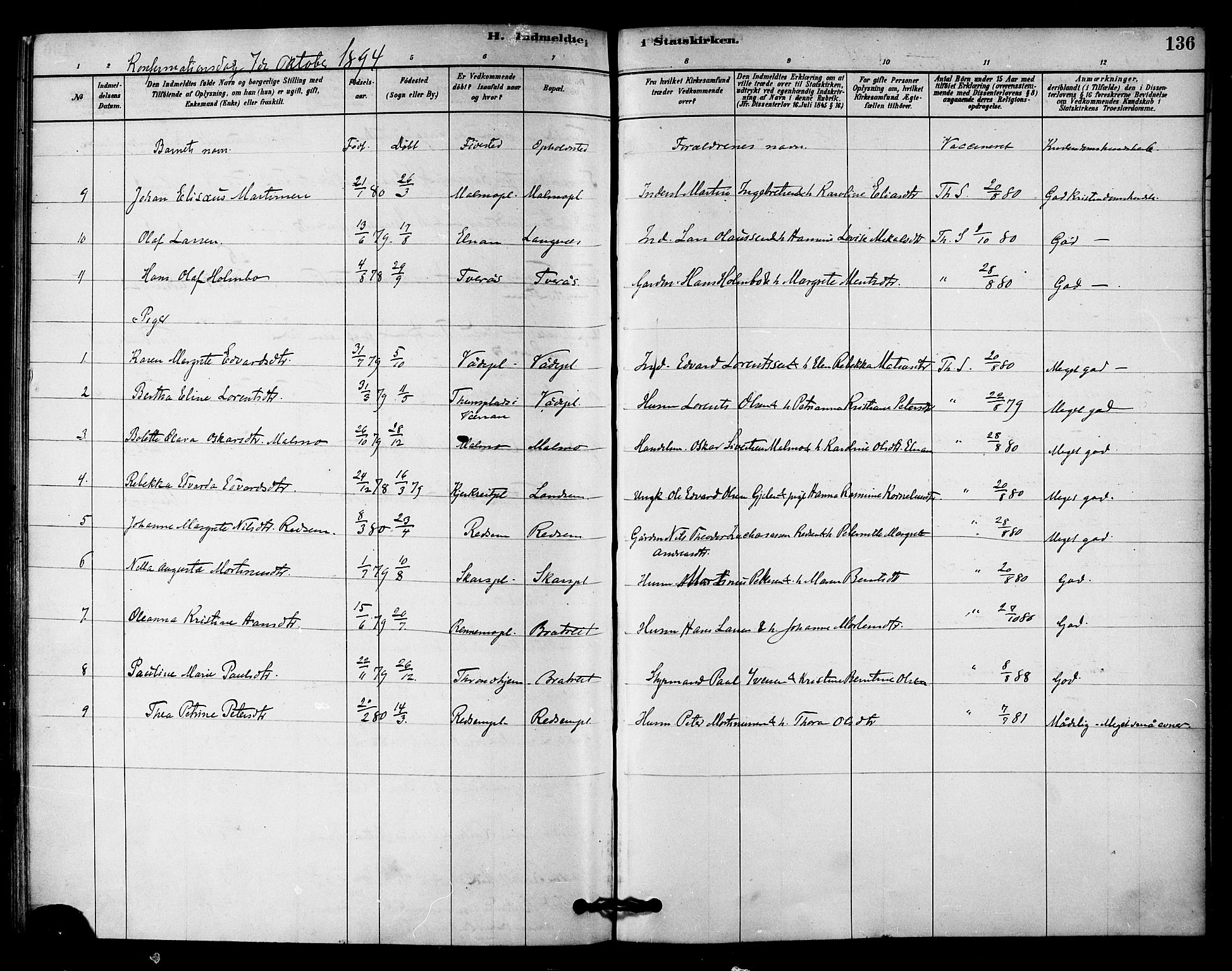 Ministerialprotokoller, klokkerbøker og fødselsregistre - Nord-Trøndelag, AV/SAT-A-1458/745/L0429: Parish register (official) no. 745A01, 1878-1894, p. 136