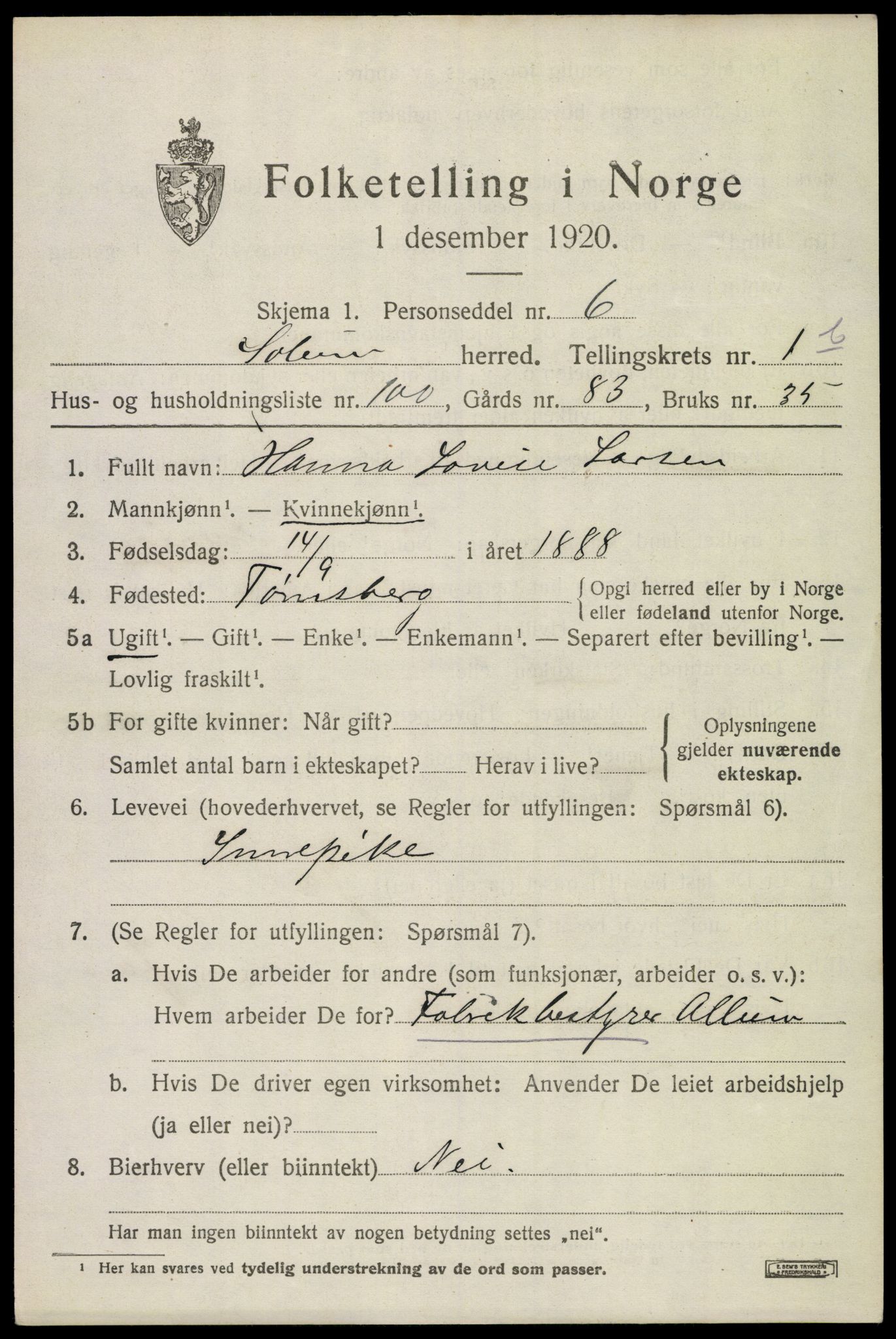 SAKO, 1920 census for Solum, 1920, p. 6318