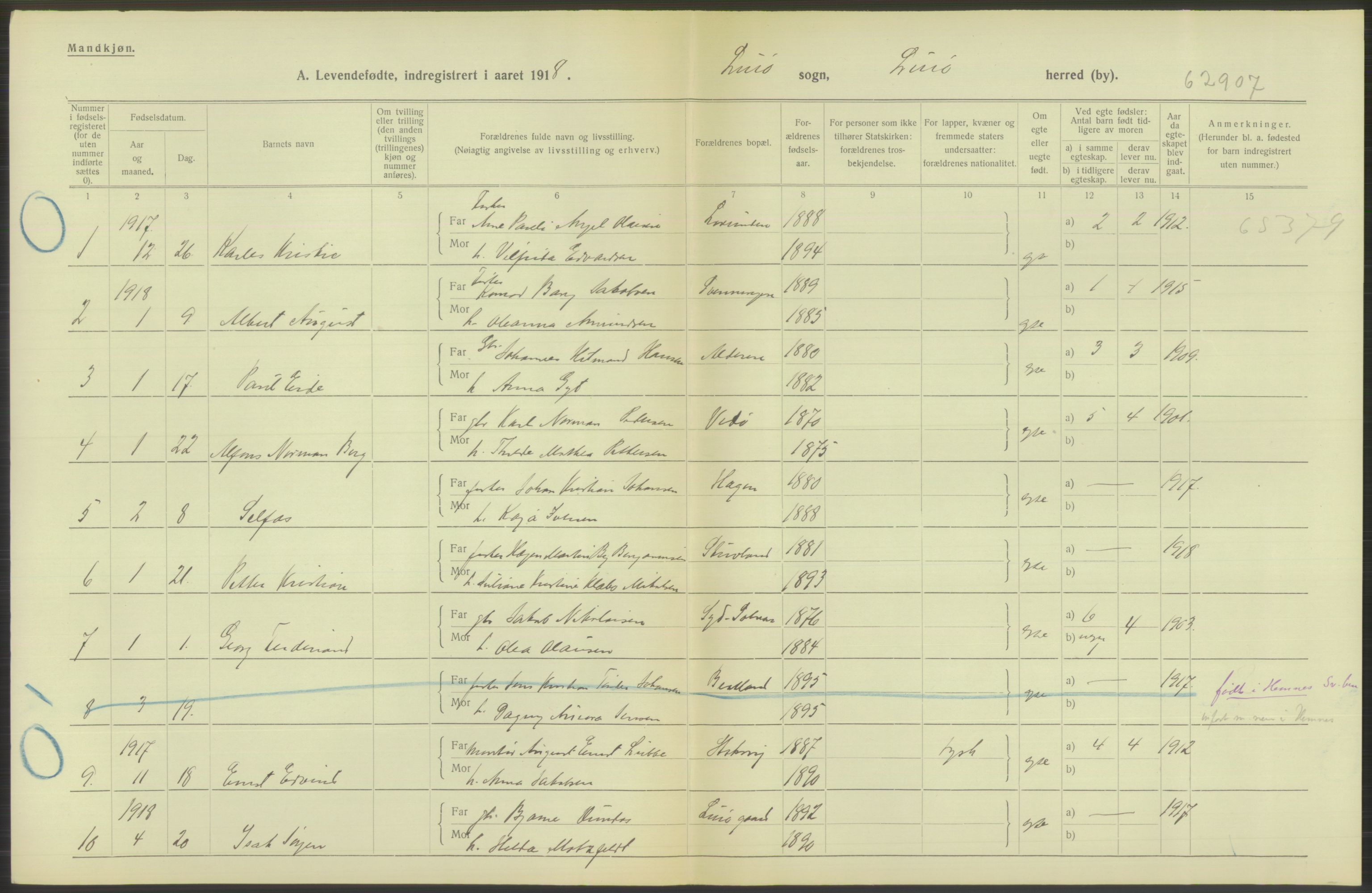 Statistisk sentralbyrå, Sosiodemografiske emner, Befolkning, RA/S-2228/D/Df/Dfb/Dfbh/L0052: Nordland fylke: Levendefødte menn og kvinner. Bygder., 1918, p. 588