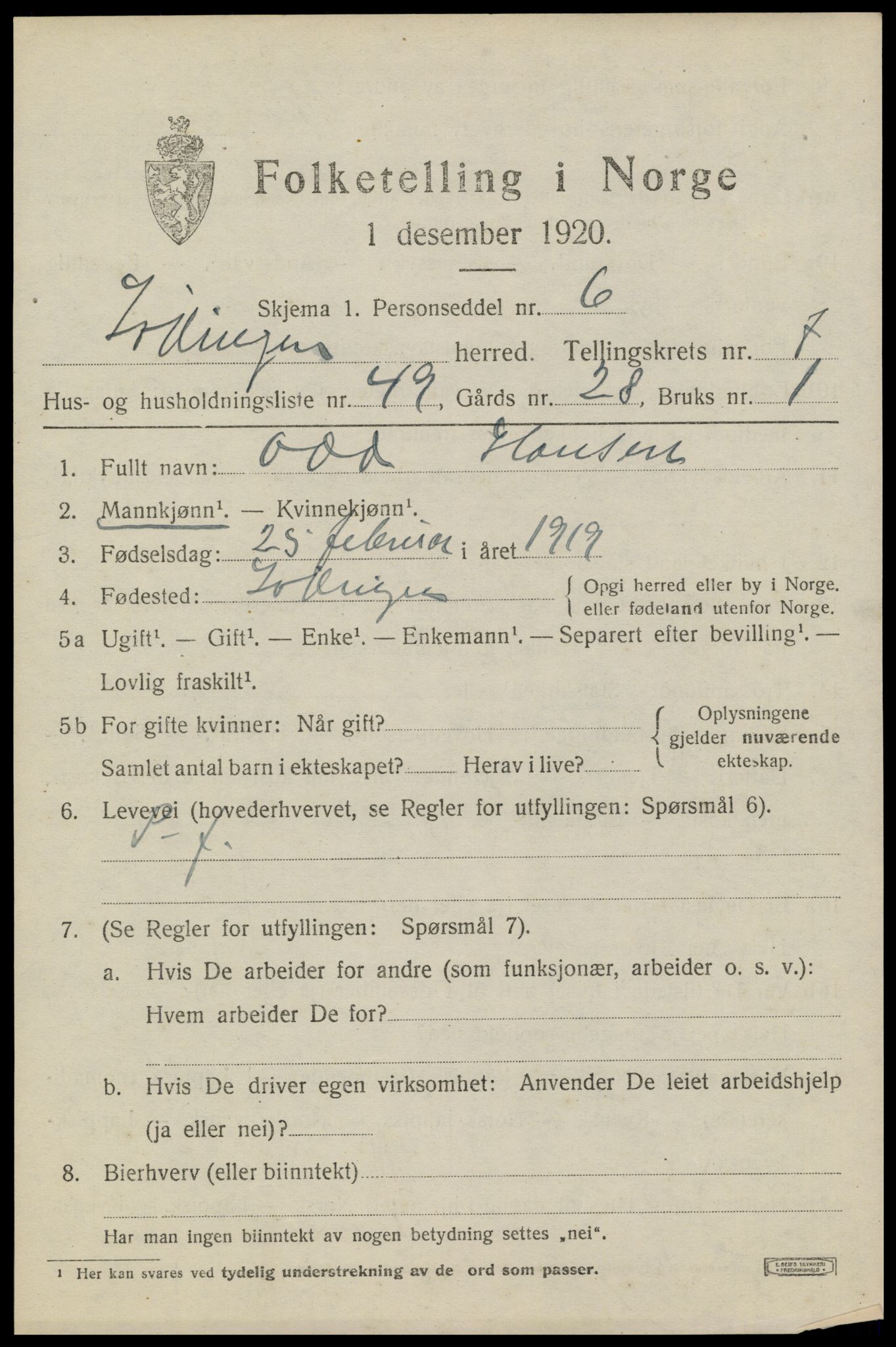 SAT, 1920 census for Lødingen, 1920, p. 4701