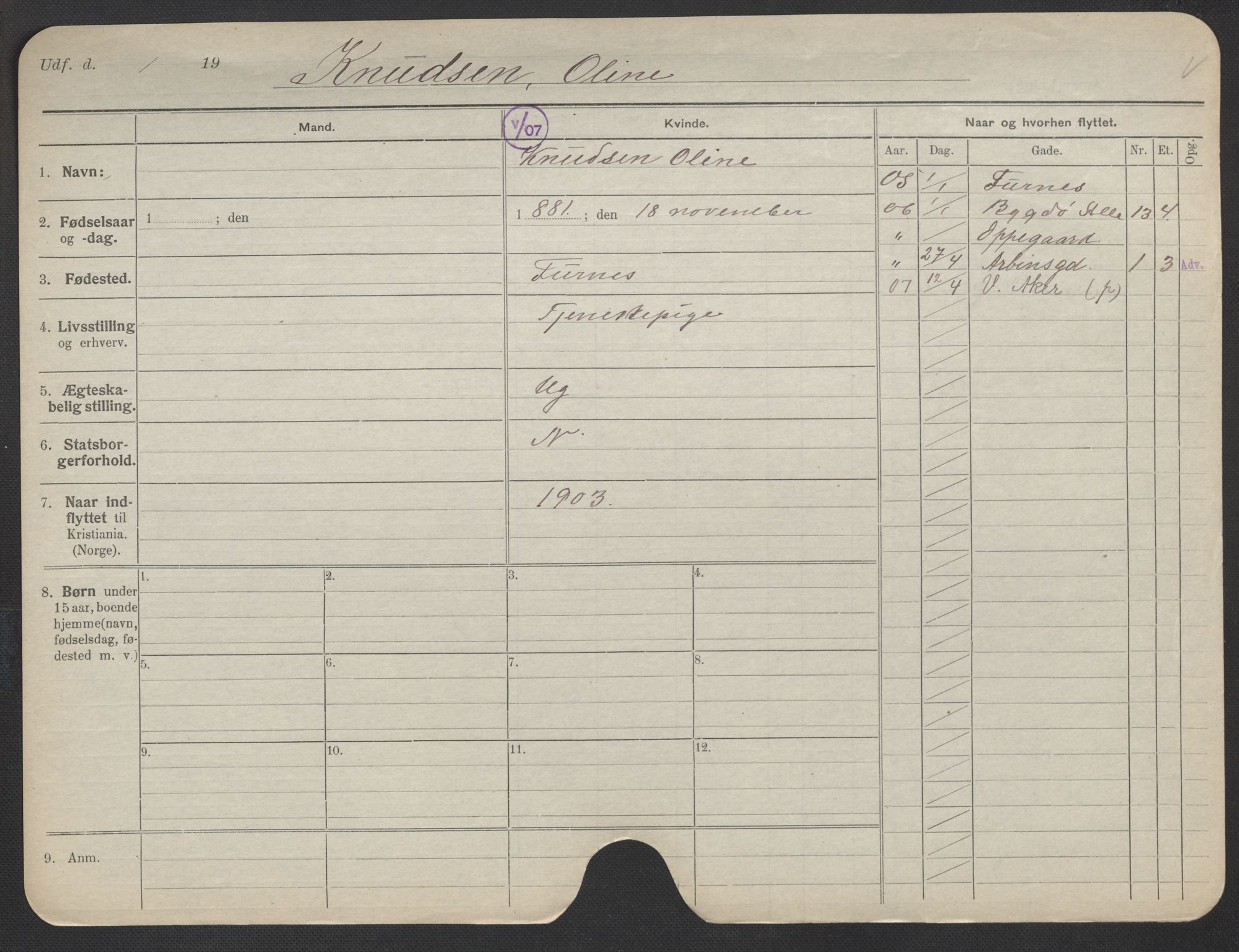 Oslo folkeregister, Registerkort, AV/SAO-A-11715/F/Fa/Fac/L0018: Kvinner, 1906-1914, p. 1276a