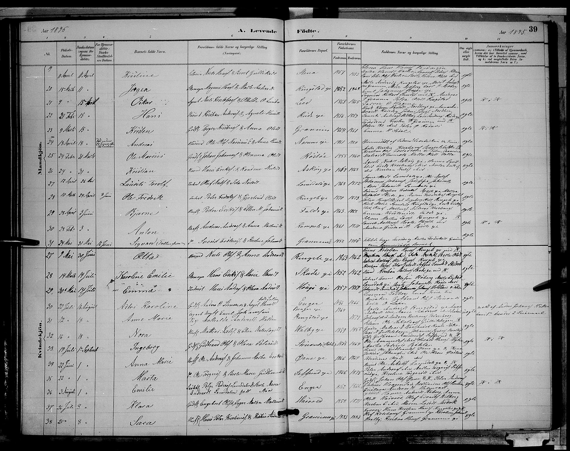 Søndre Land prestekontor, AV/SAH-PREST-122/L/L0002: Parish register (copy) no. 2, 1884-1900, p. 39