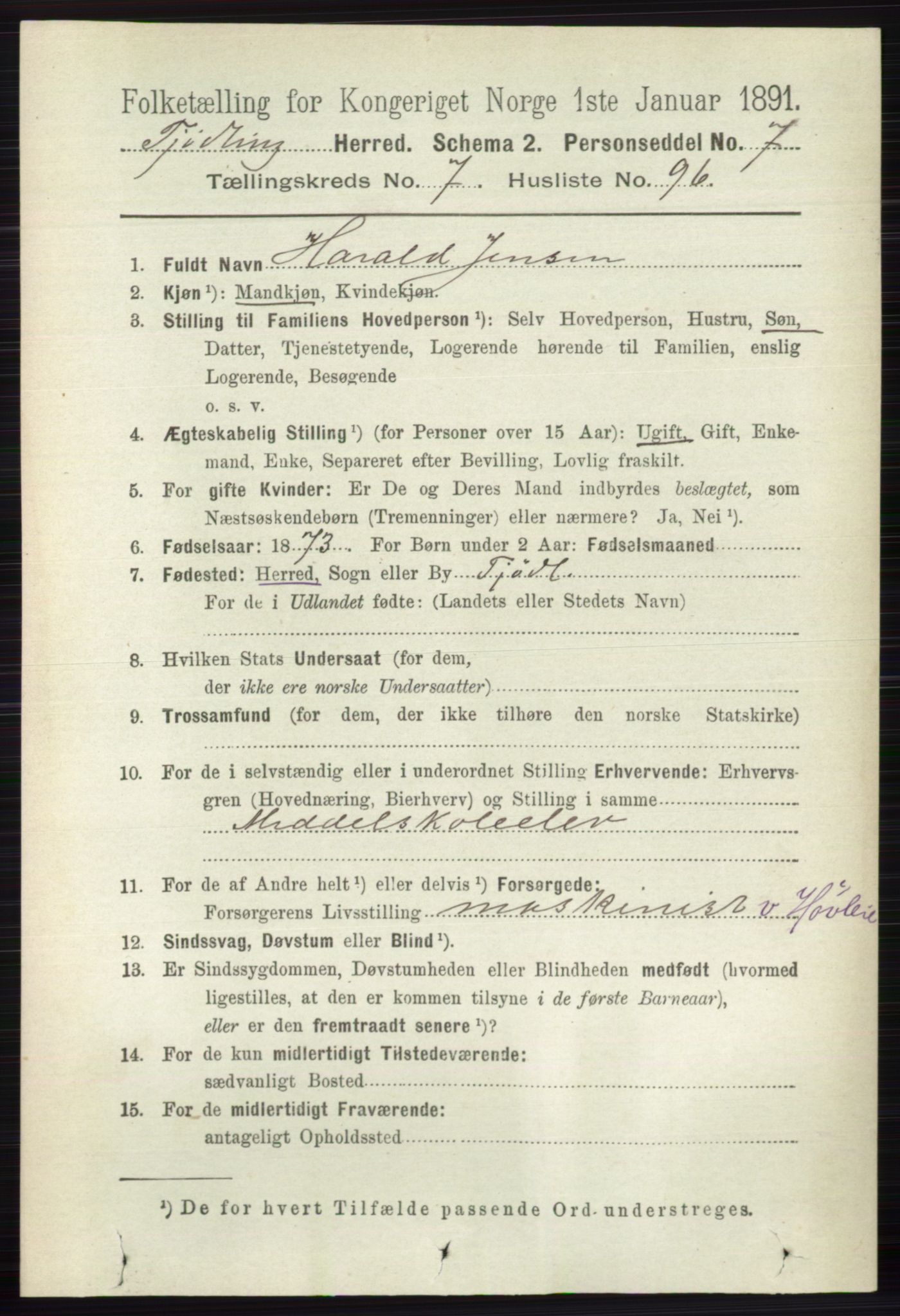 RA, 1891 census for 0725 Tjølling, 1891, p. 4295