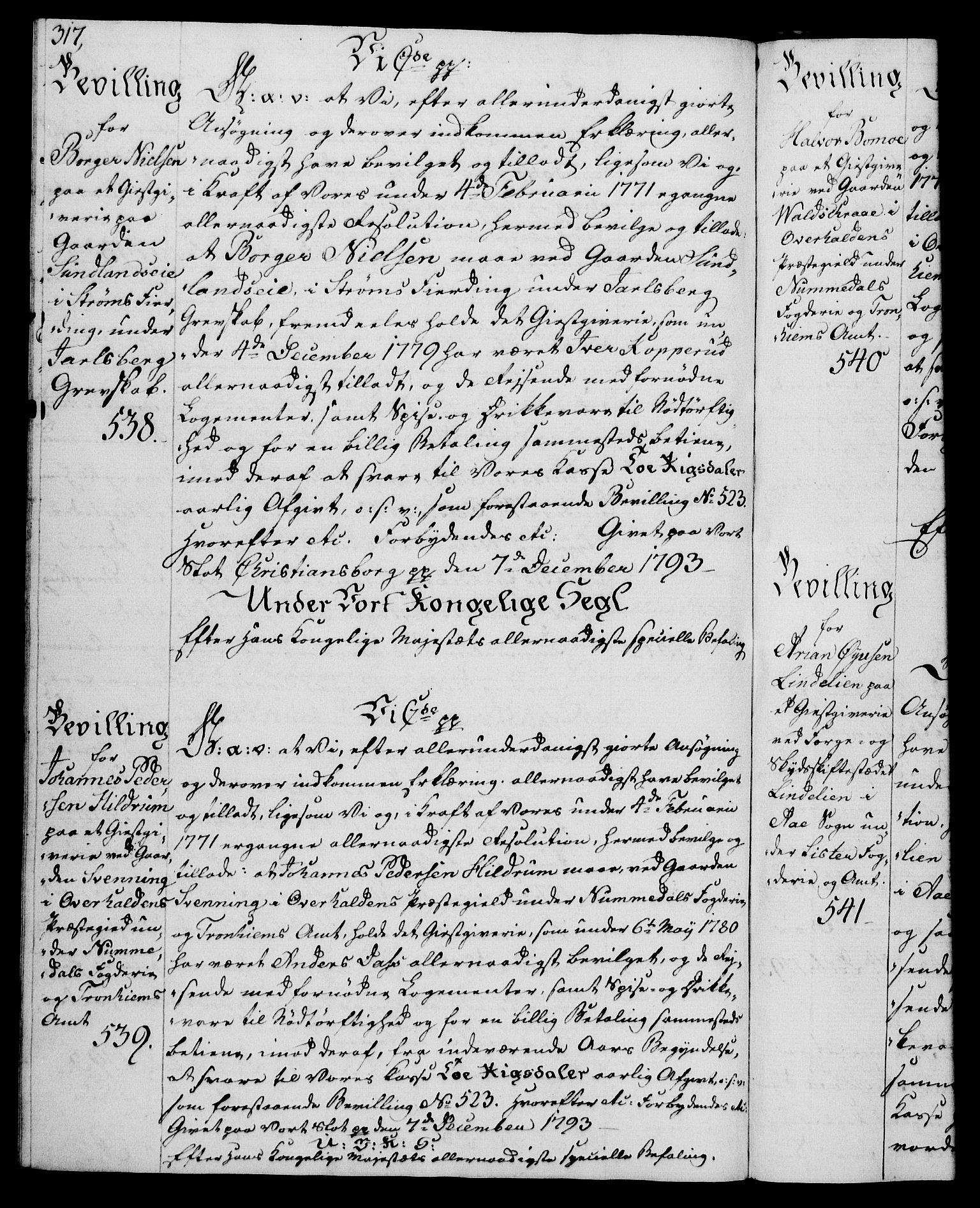 Rentekammeret, Kammerkanselliet, RA/EA-3111/G/Gg/Gga/L0015: Norsk ekspedisjonsprotokoll med register (merket RK 53.15), 1790-1791, p. 317