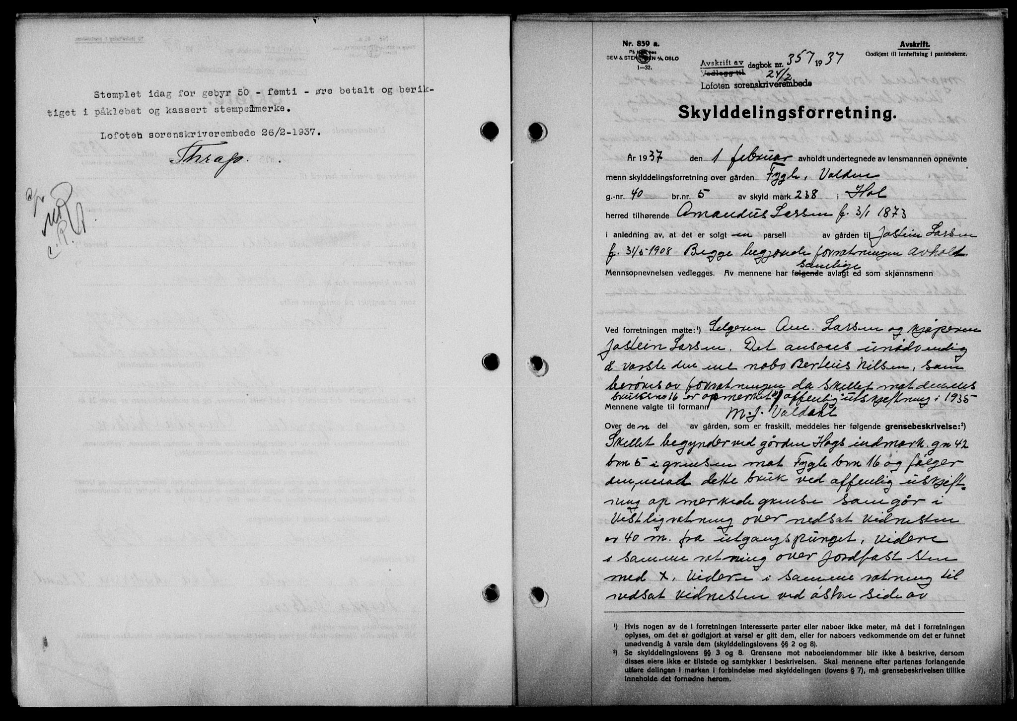 Lofoten sorenskriveri, SAT/A-0017/1/2/2C/L0001a: Mortgage book no. 1a, 1936-1937, Diary no: : 357/1937