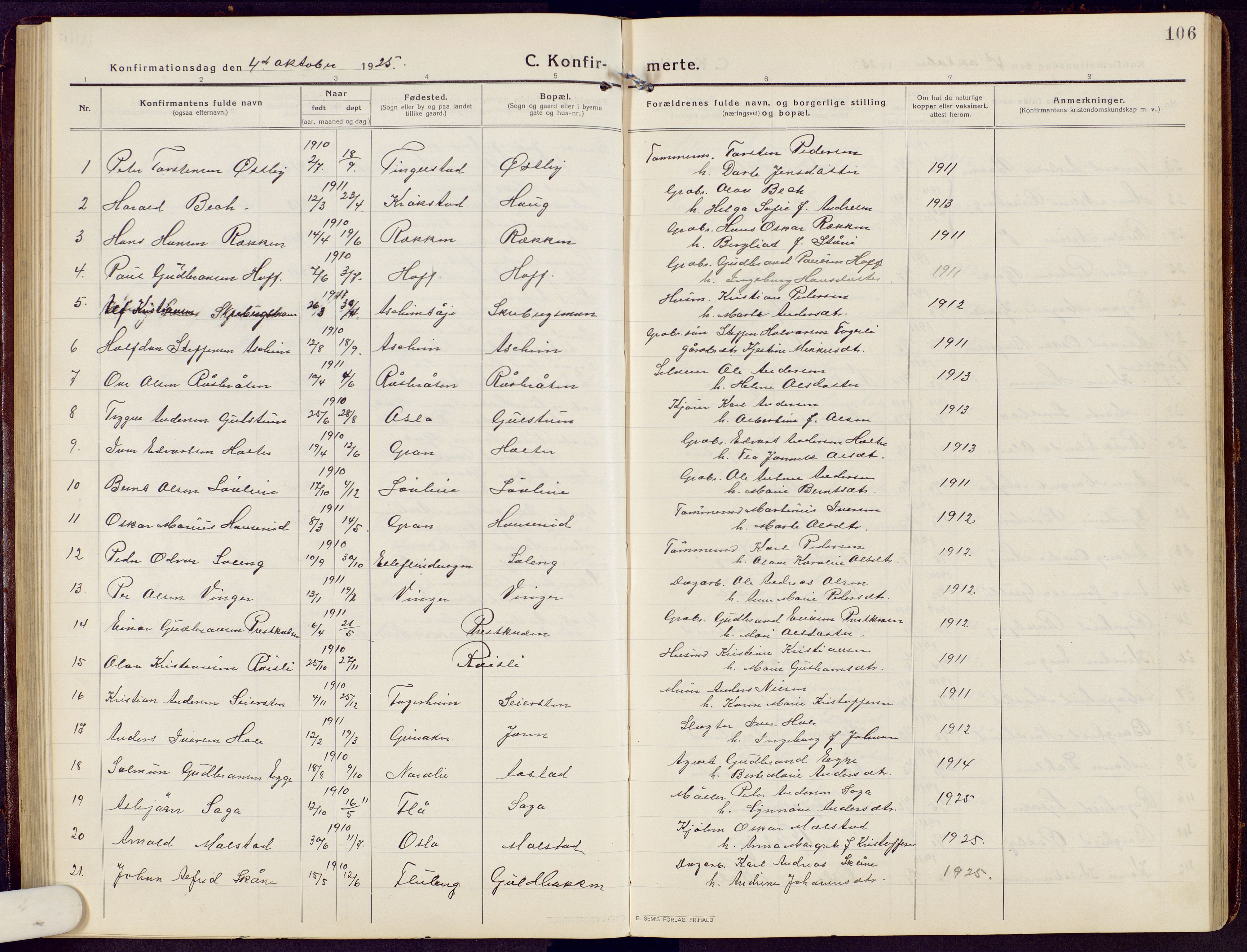 Brandbu prestekontor, SAH/PREST-114/H/Ha/Hab/L0010: Parish register (copy) no. 10, 1916-1930, p. 106