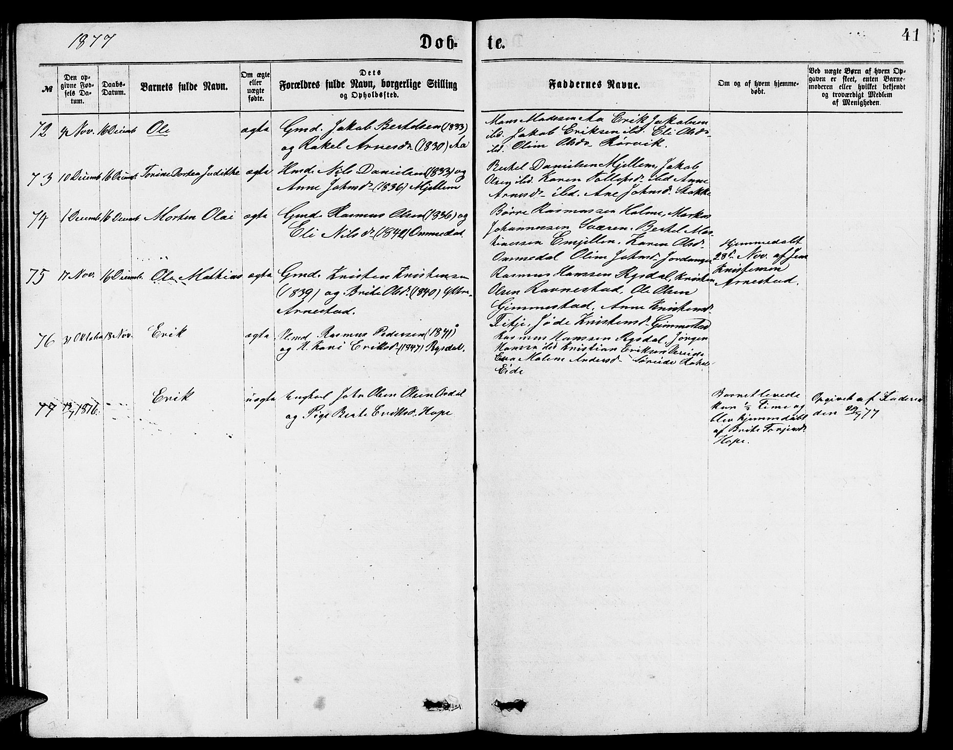 Gloppen sokneprestembete, SAB/A-80101/H/Hab/Habb/L0001: Parish register (copy) no. B 1, 1872-1888, p. 41