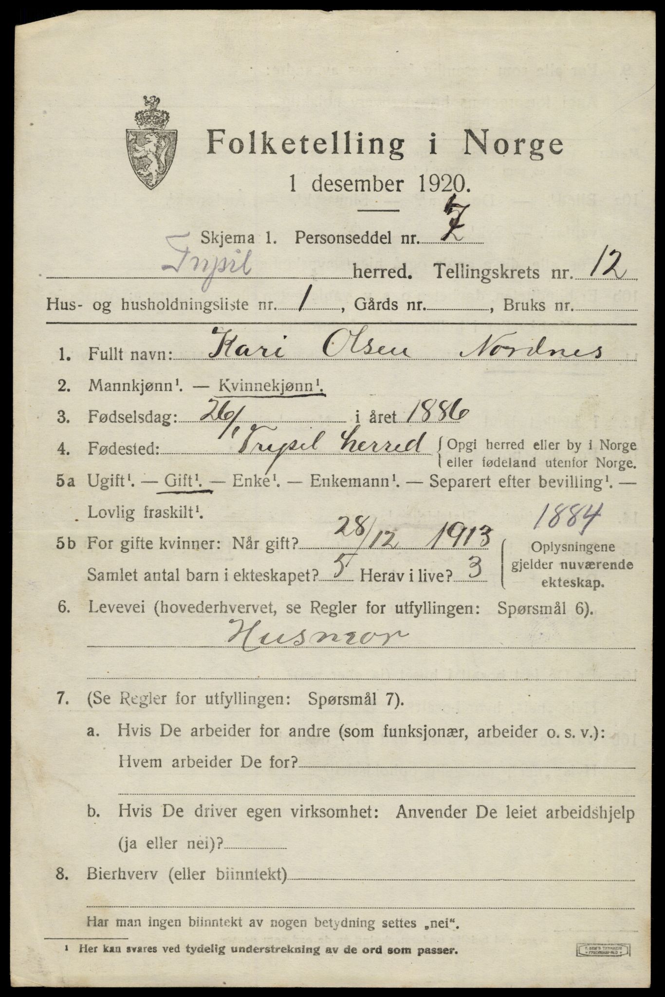 SAH, 1920 census for Trysil, 1920, p. 7121