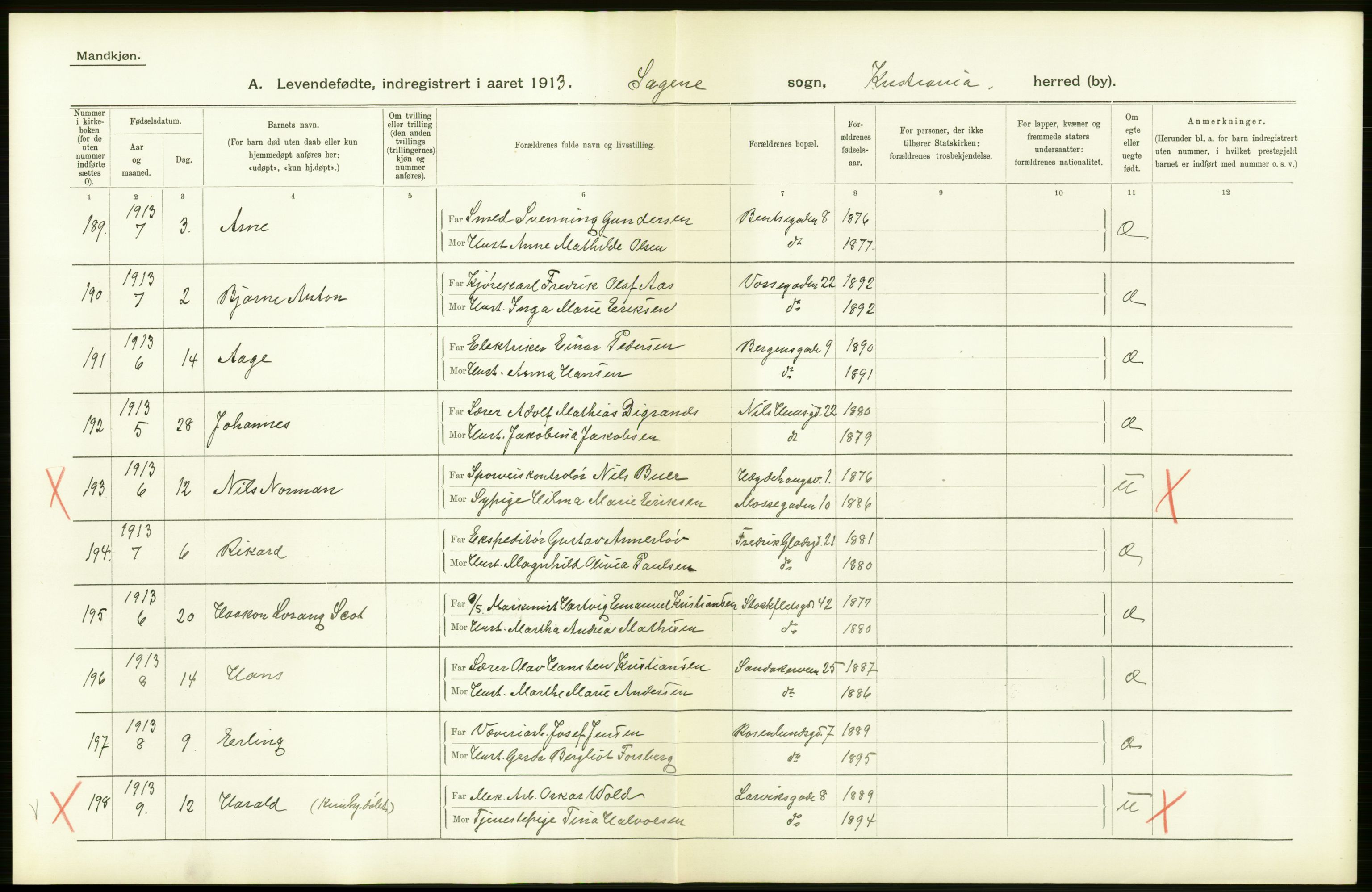 Statistisk sentralbyrå, Sosiodemografiske emner, Befolkning, AV/RA-S-2228/D/Df/Dfb/Dfbc/L0006: Kristiania: Levendefødte menn og kvinner., 1913, p. 20