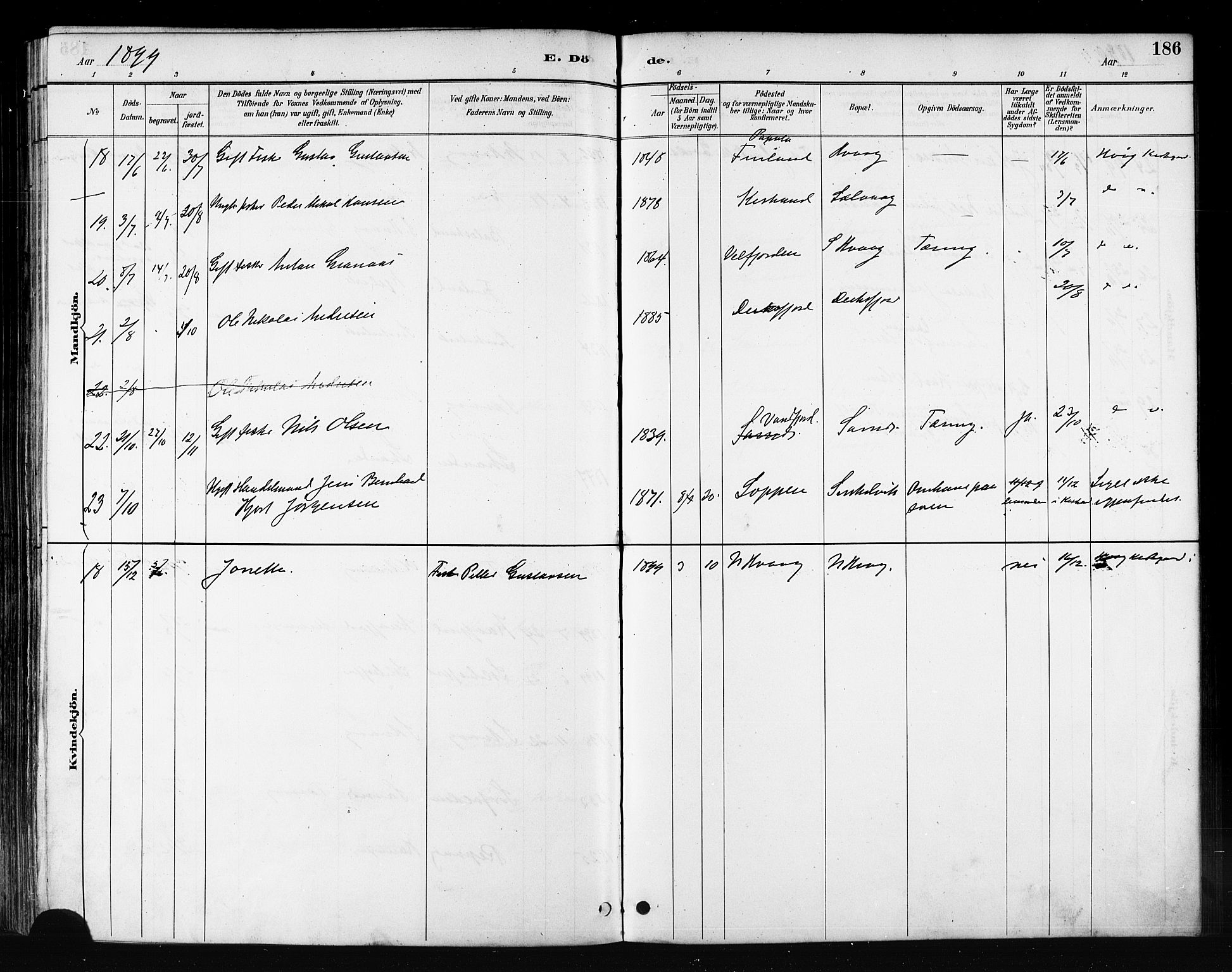 Måsøy sokneprestkontor, SATØ/S-1348/H/Ha/L0007kirke: Parish register (official) no. 7, 1887-1899, p. 186