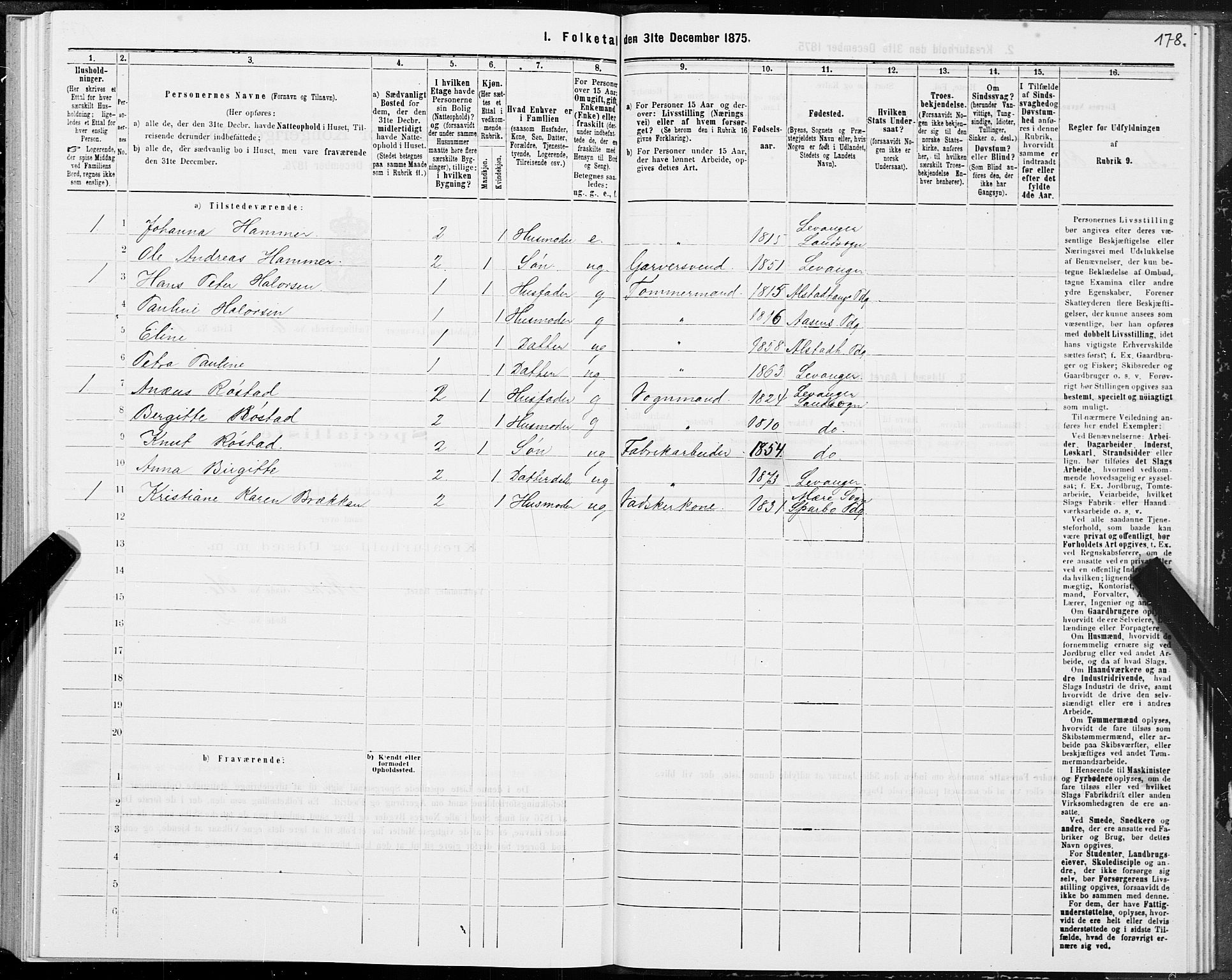 SAT, 1875 census for 1701B Levanger/Levanger, 1875, p. 178