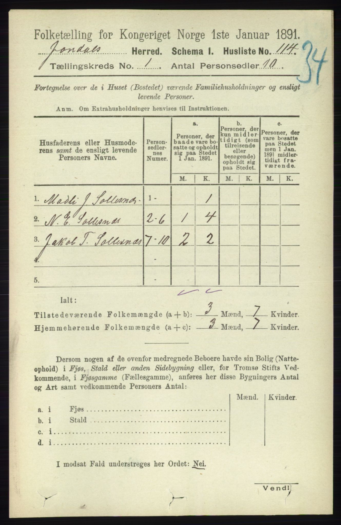 RA, 1891 census for 1227 Jondal, 1891, p. 130