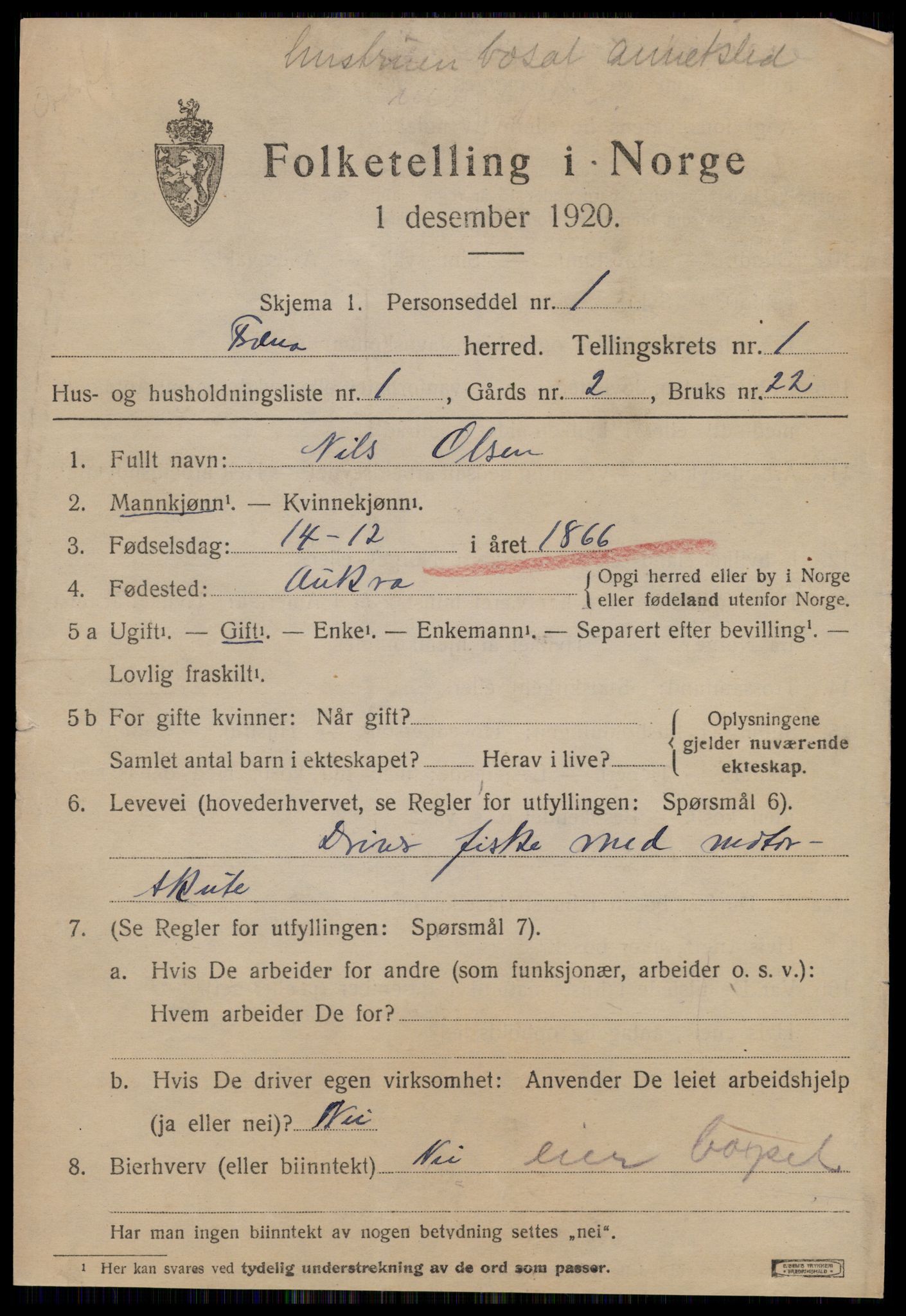 SAT, 1920 census for Fræna, 1920, p. 1109