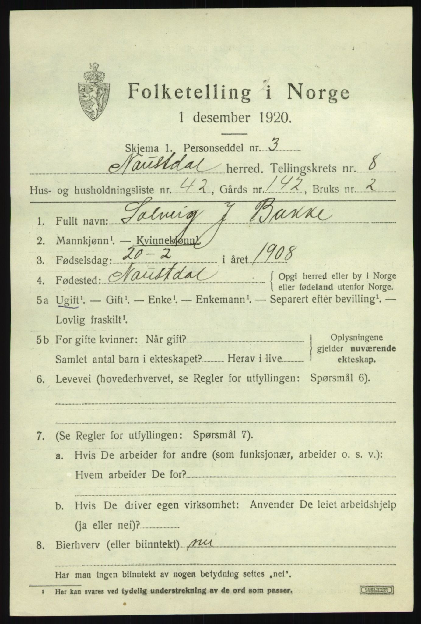 SAB, 1920 census for Naustdal, 1920, p. 5339