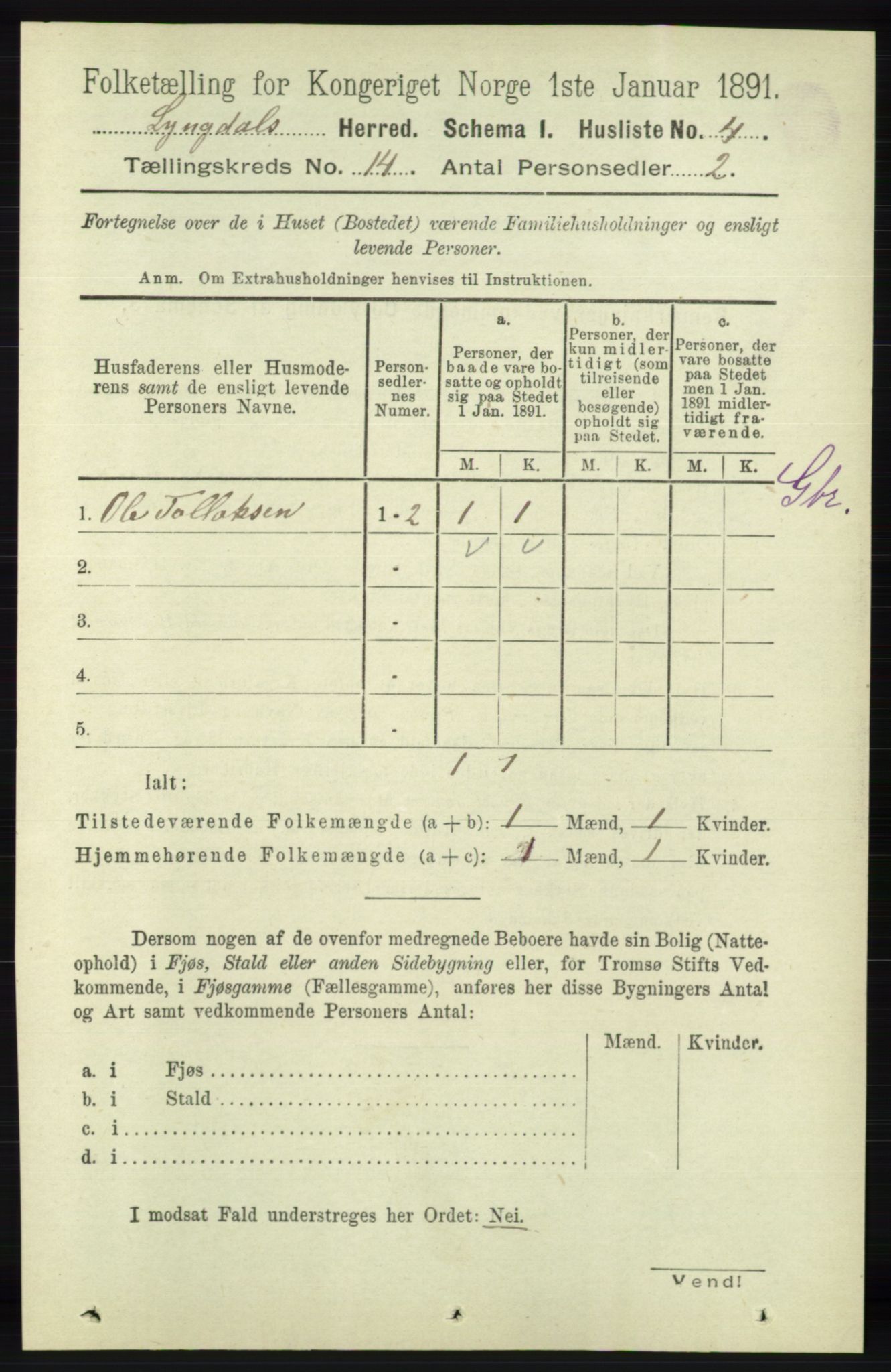 RA, 1891 census for 1032 Lyngdal, 1891, p. 5810