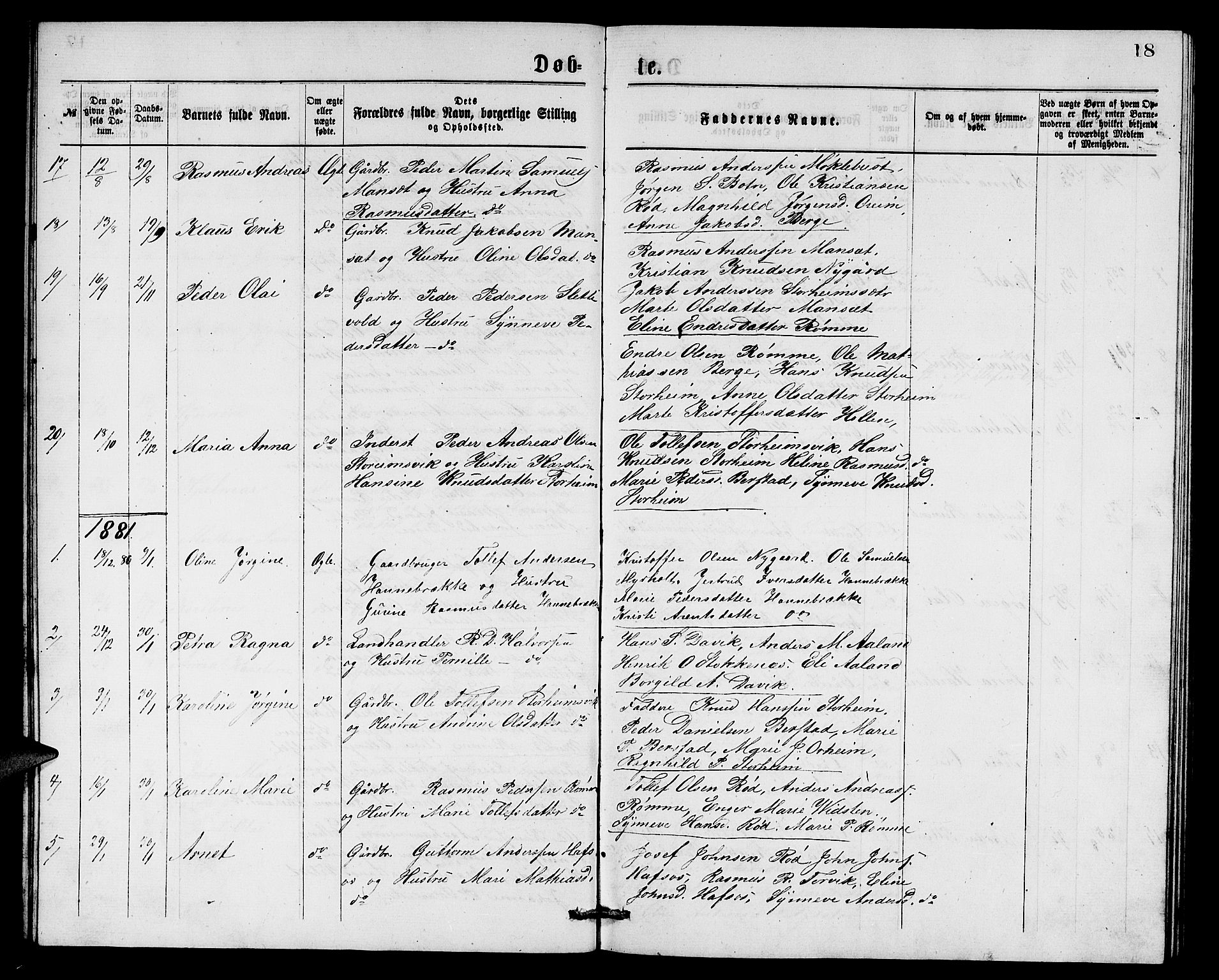 Eid sokneprestembete, SAB/A-82301/H/Hab/Habc/L0001: Parish register (copy) no. C 1, 1877-1886, p. 18