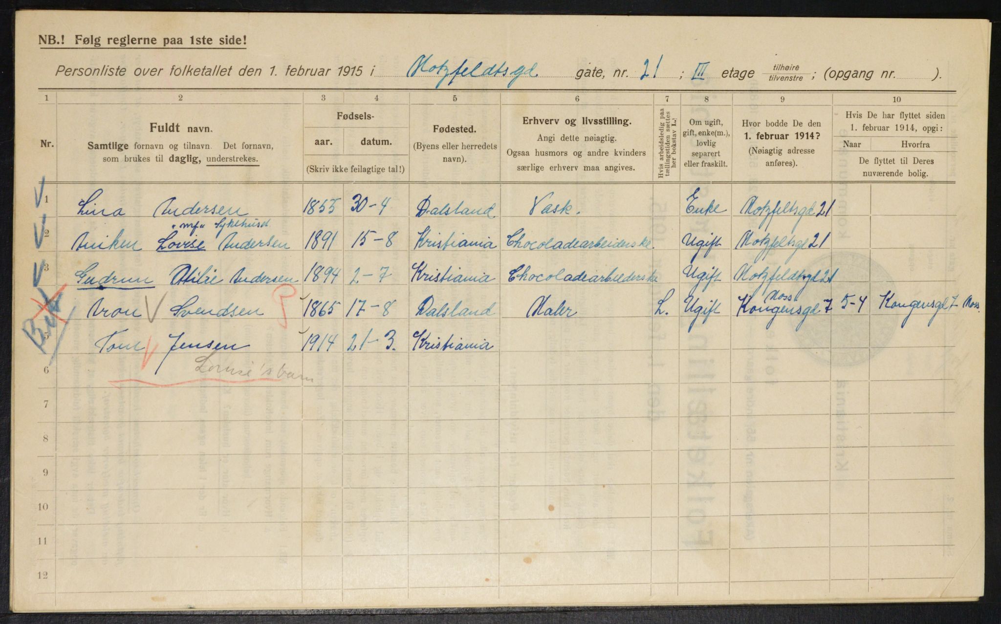 OBA, Municipal Census 1915 for Kristiania, 1915, p. 65711