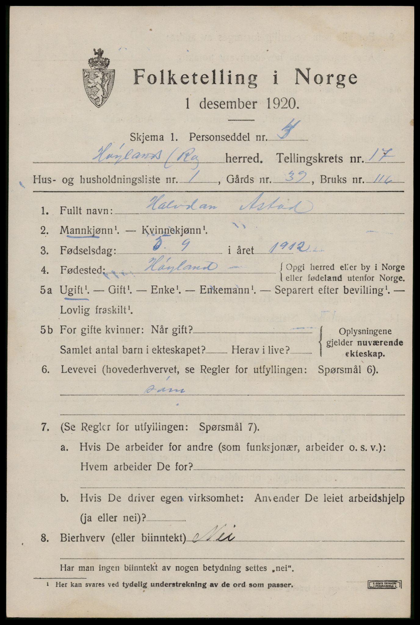 SAST, 1920 census for Høyland, 1920, p. 15606