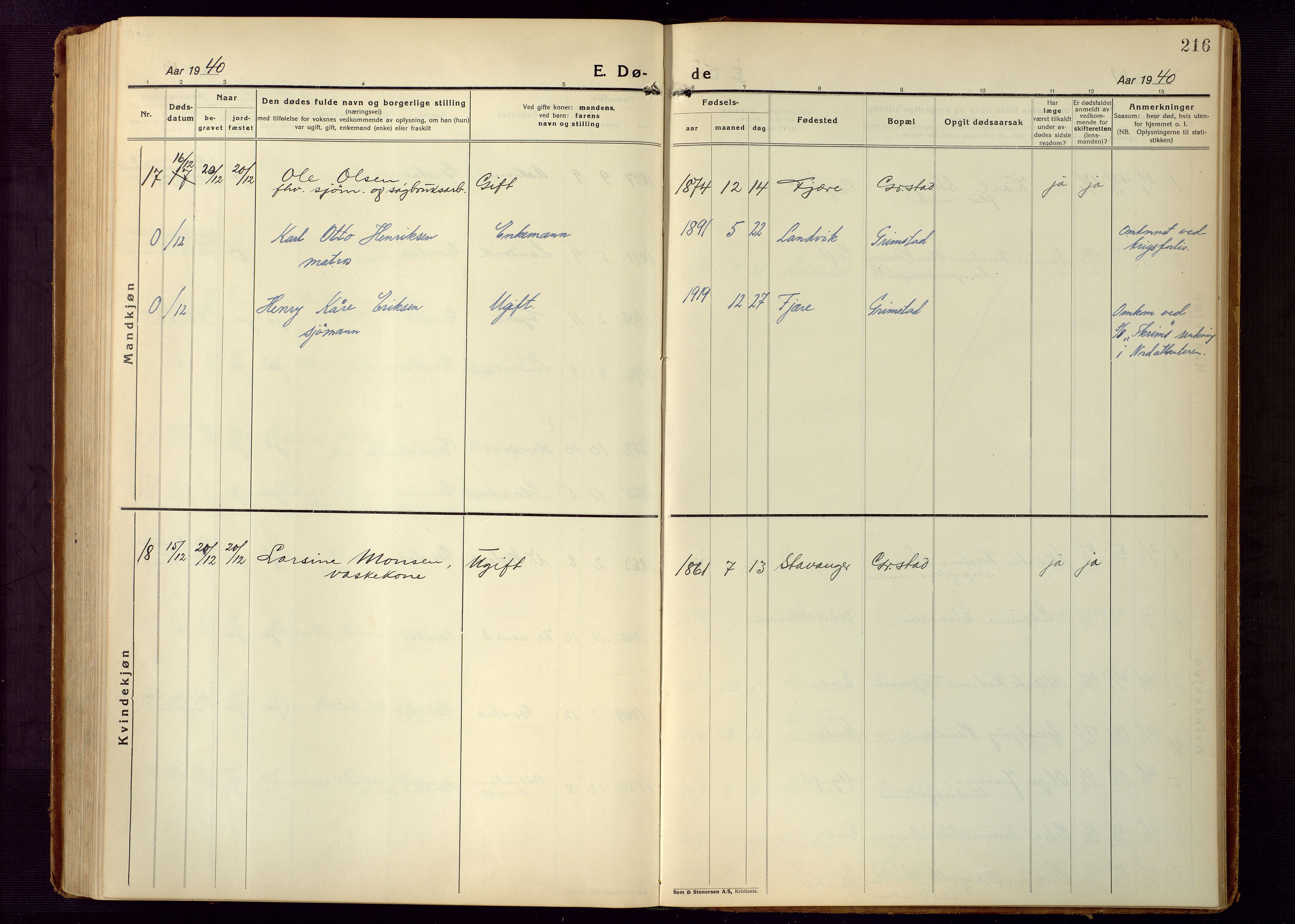 Grimstad sokneprestkontor, AV/SAK-1111-0017/F/Fb/L0002: Parish register (copy) no. B 2, 1923-1949, p. 216