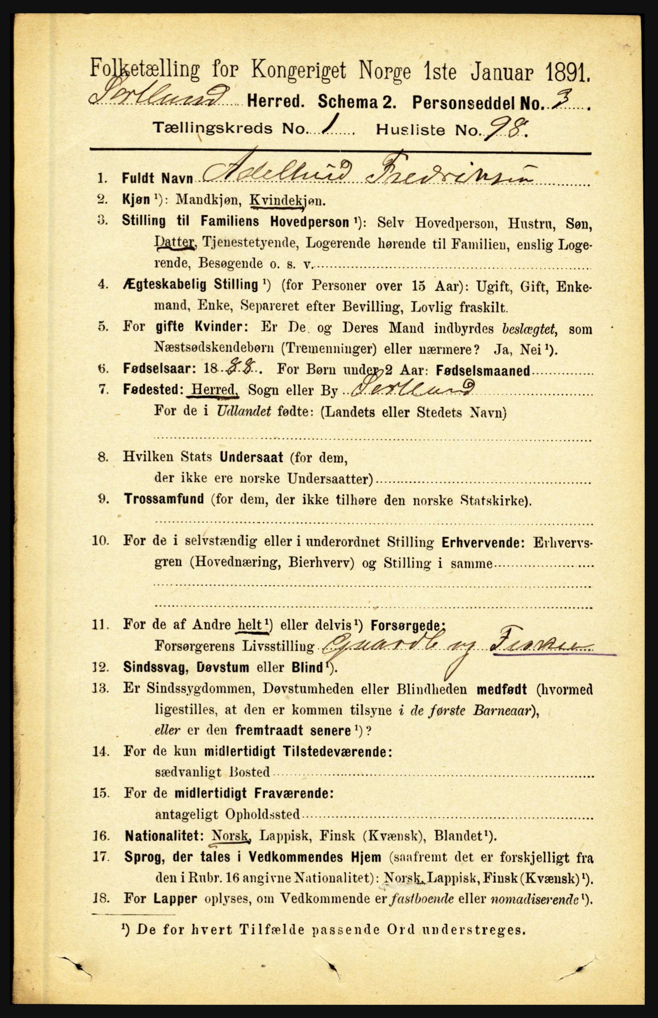 RA, 1891 census for 1870 Sortland, 1891, p. 790