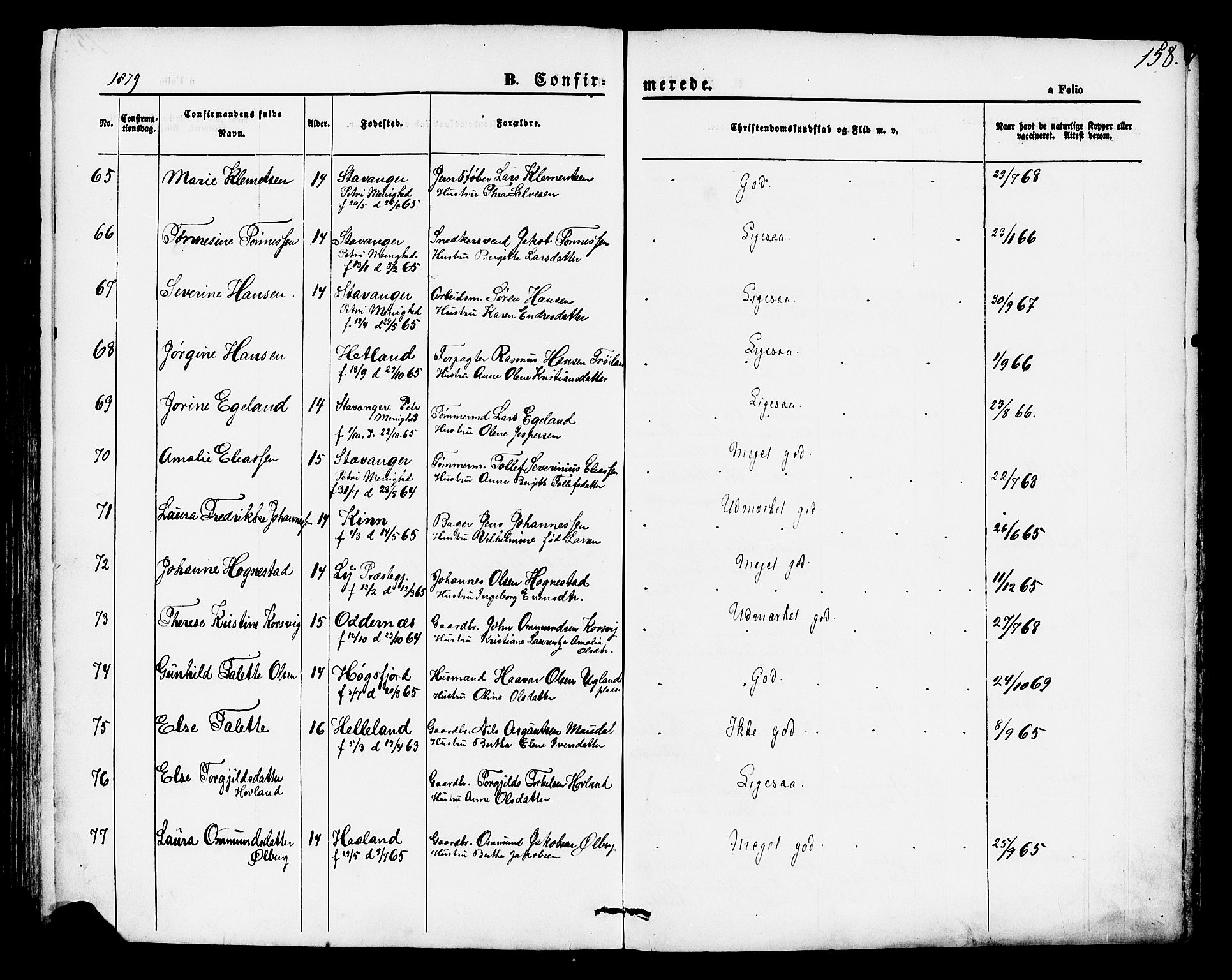 Hetland sokneprestkontor, AV/SAST-A-101826/30/30BA/L0004: Parish register (official) no. A 4, 1862-1881, p. 158