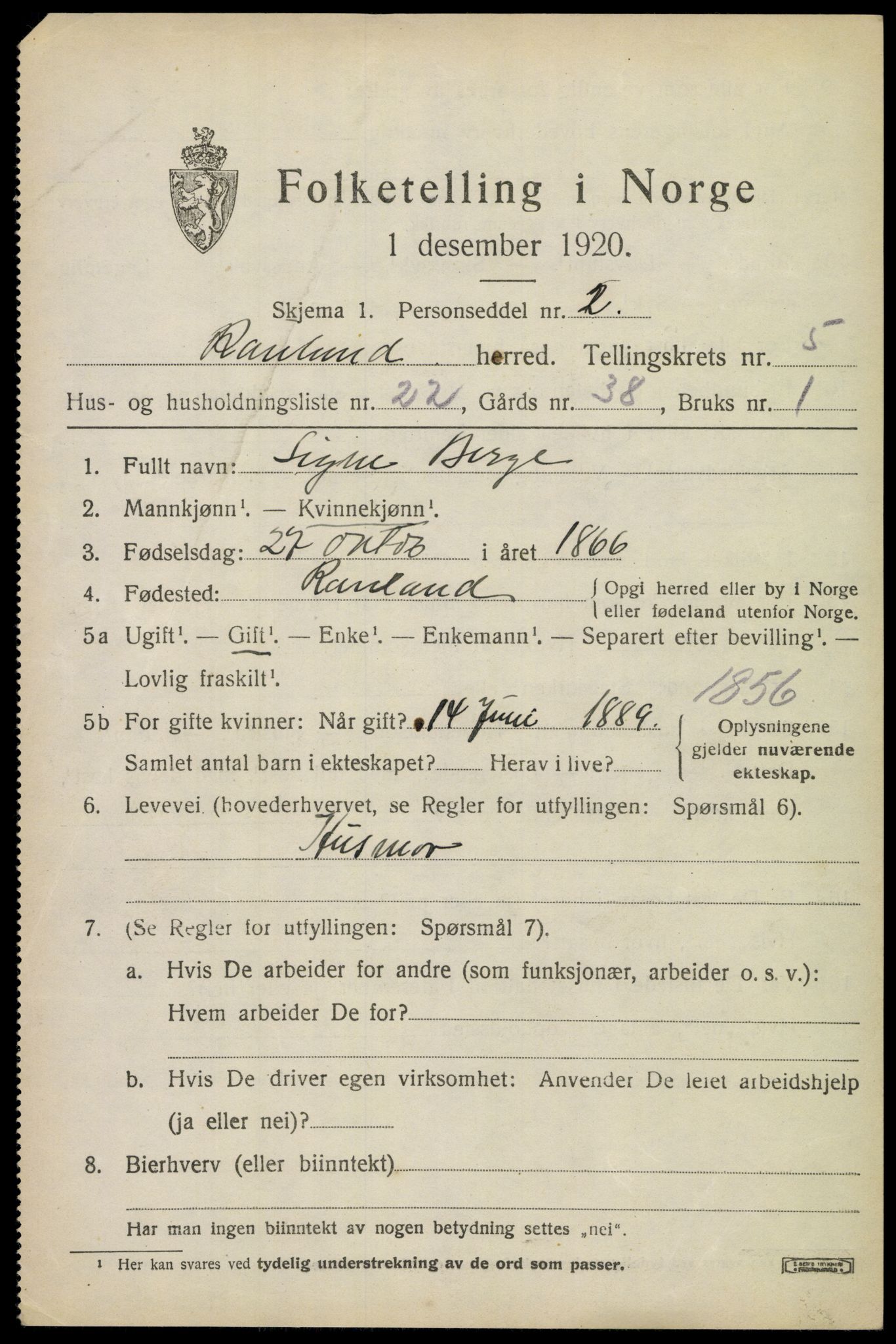 SAKO, 1920 census for Rauland, 1920, p. 1252