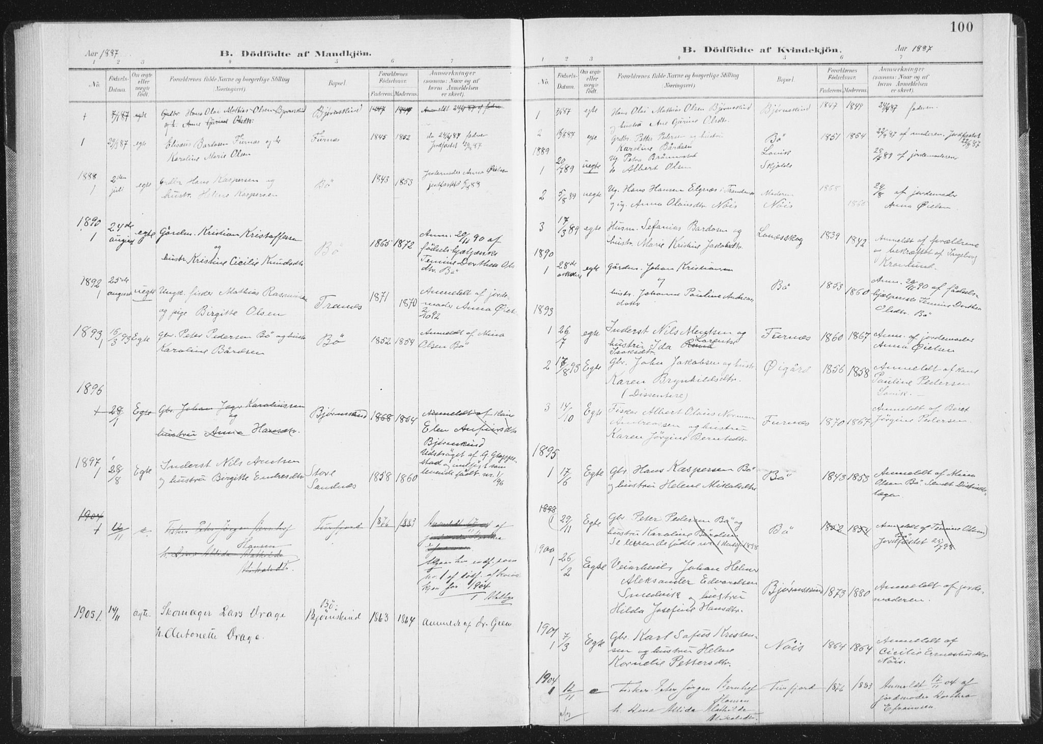 Ministerialprotokoller, klokkerbøker og fødselsregistre - Nordland, SAT/A-1459/898/L1422: Parish register (official) no. 898A02, 1887-1908, p. 100