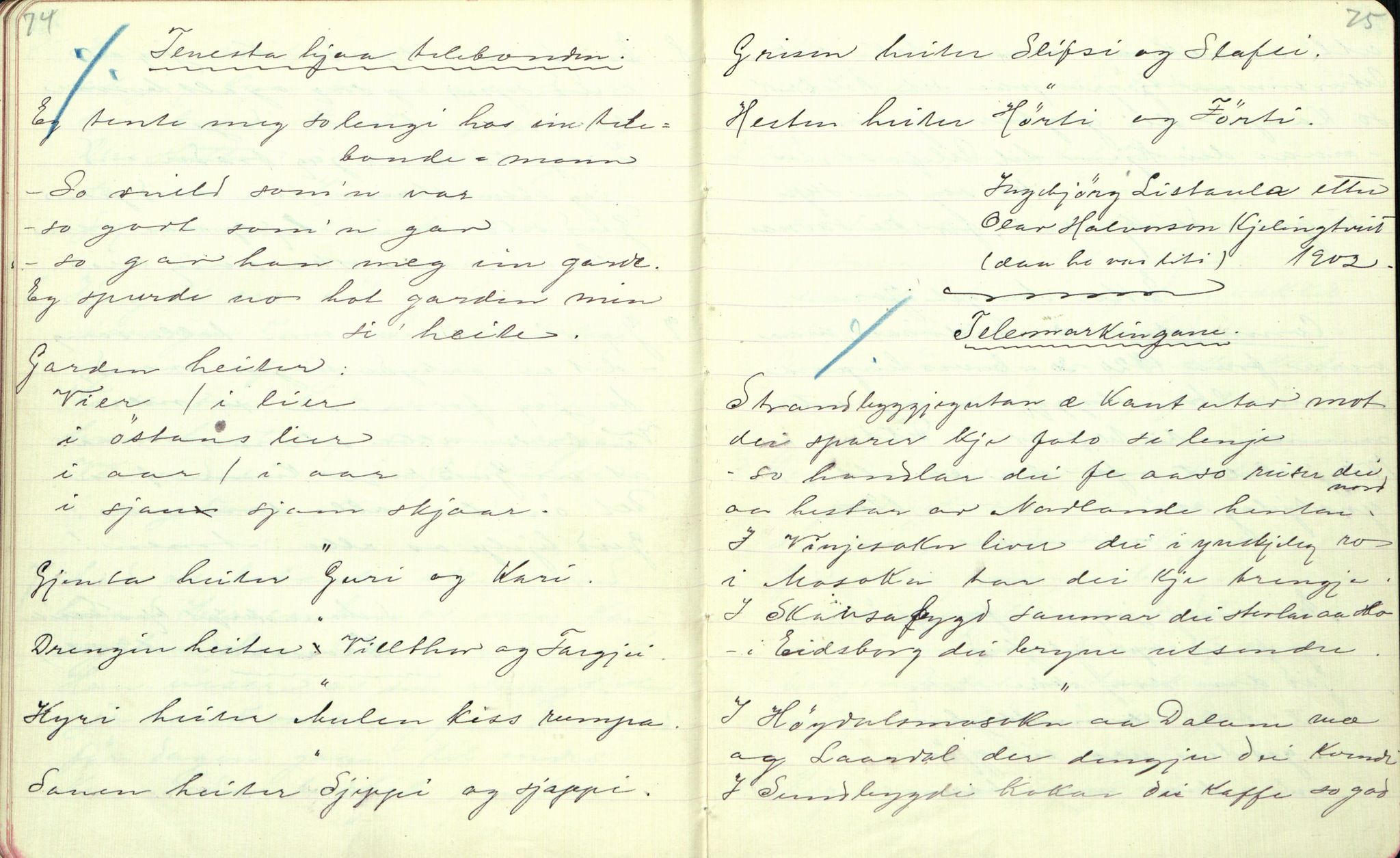 Rikard Berge, TEMU/TGM-A-1003/F/L0001/0015: 001-030 Innholdslister / 11. Visur - eldre og nyare, 1902, p. 74-75