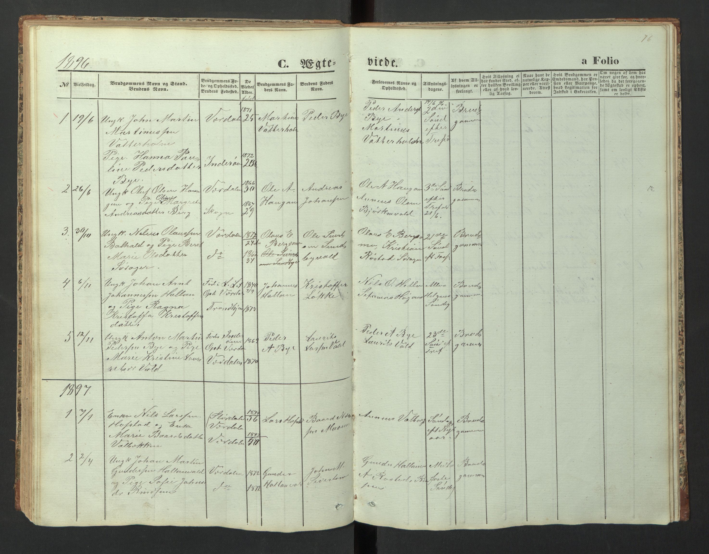 Ministerialprotokoller, klokkerbøker og fødselsregistre - Nord-Trøndelag, SAT/A-1458/726/L0271: Parish register (copy) no. 726C02, 1869-1897, p. 76