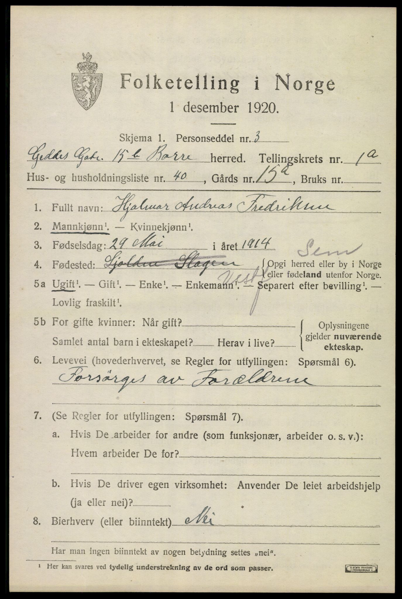 SAKO, 1920 census for Borre, 1920, p. 1920