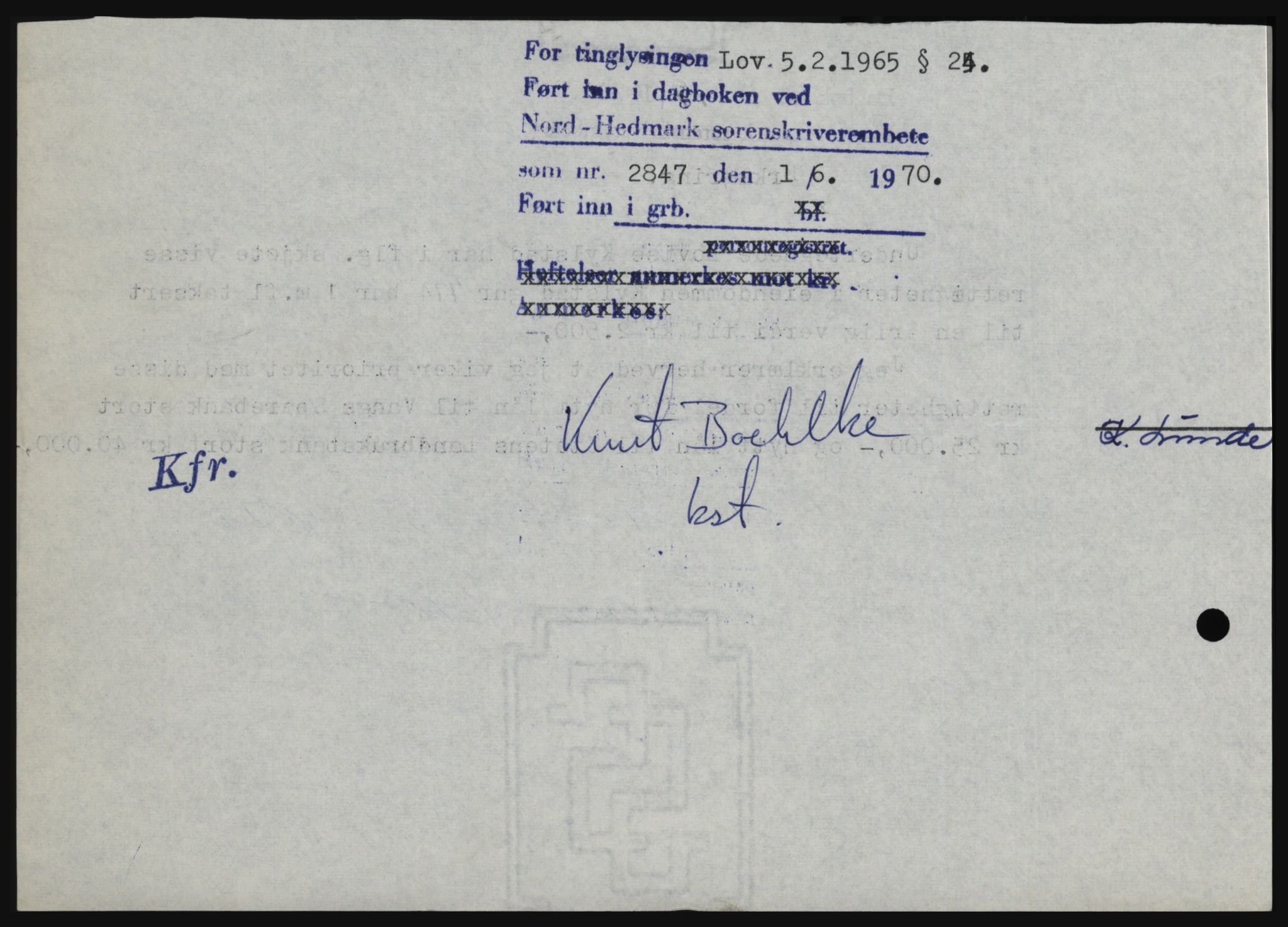 Nord-Hedmark sorenskriveri, SAH/TING-012/H/Hc/L0033: Mortgage book no. 33, 1970-1970, Diary no: : 2847/1970