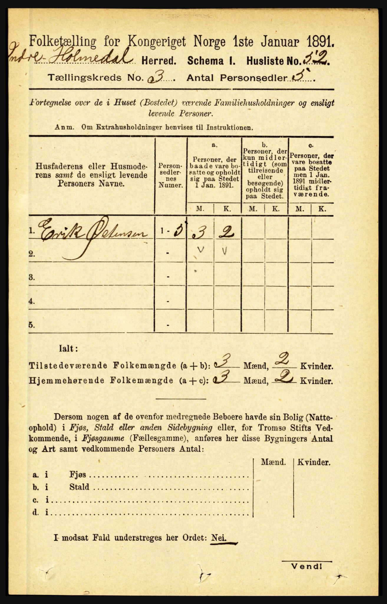 RA, 1891 census for 1430 Indre Holmedal, 1891, p. 889