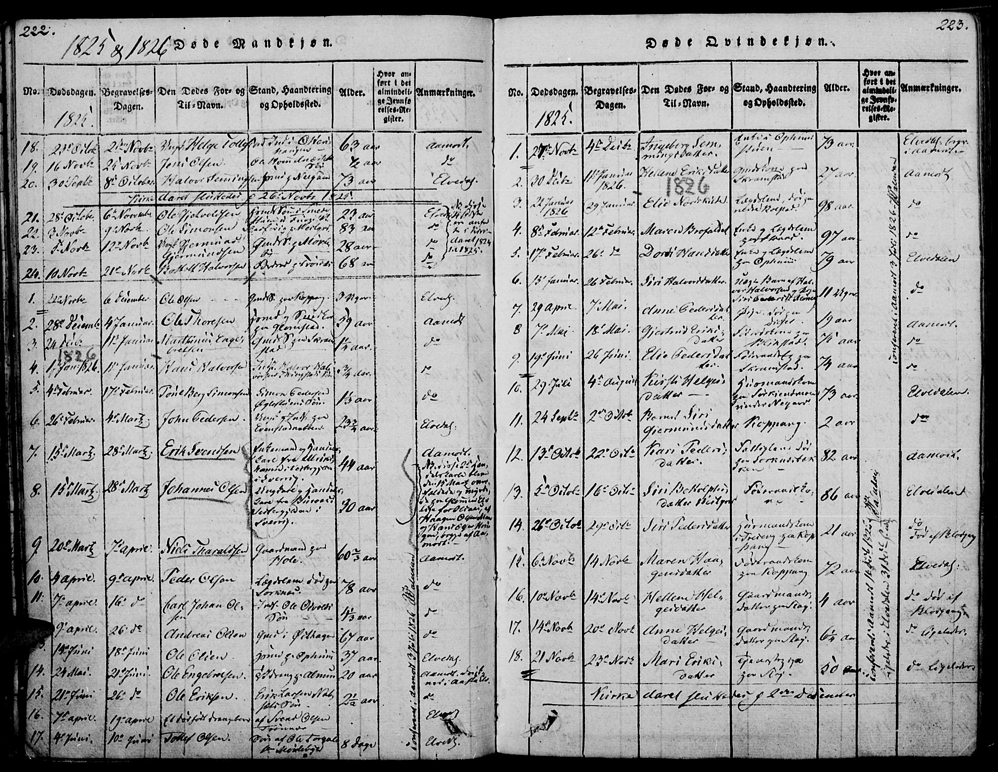 Åmot prestekontor, Hedmark, SAH/PREST-056/H/Ha/Haa/L0005: Parish register (official) no. 5, 1815-1841, p. 222-223