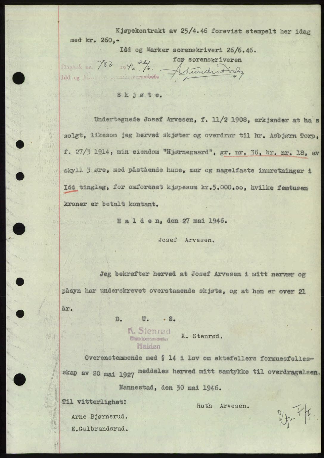 Idd og Marker sorenskriveri, AV/SAO-A-10283/G/Gb/Gbb/L0008: Mortgage book no. A8, 1946-1946, Diary no: : 783/1946