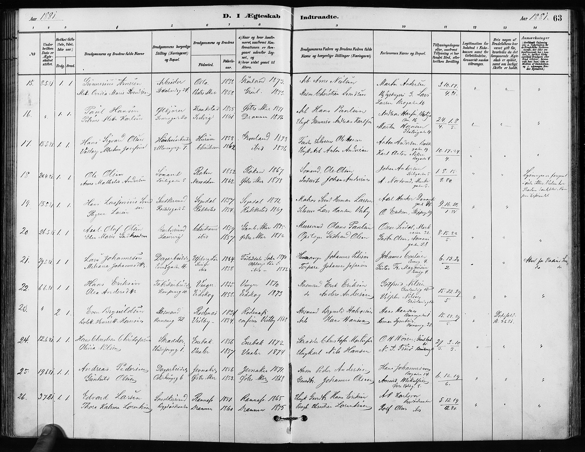 Kampen prestekontor Kirkebøker, SAO/A-10853/F/Fa/L0002: Parish register (official) no. I 2, 1880-1888, p. 63