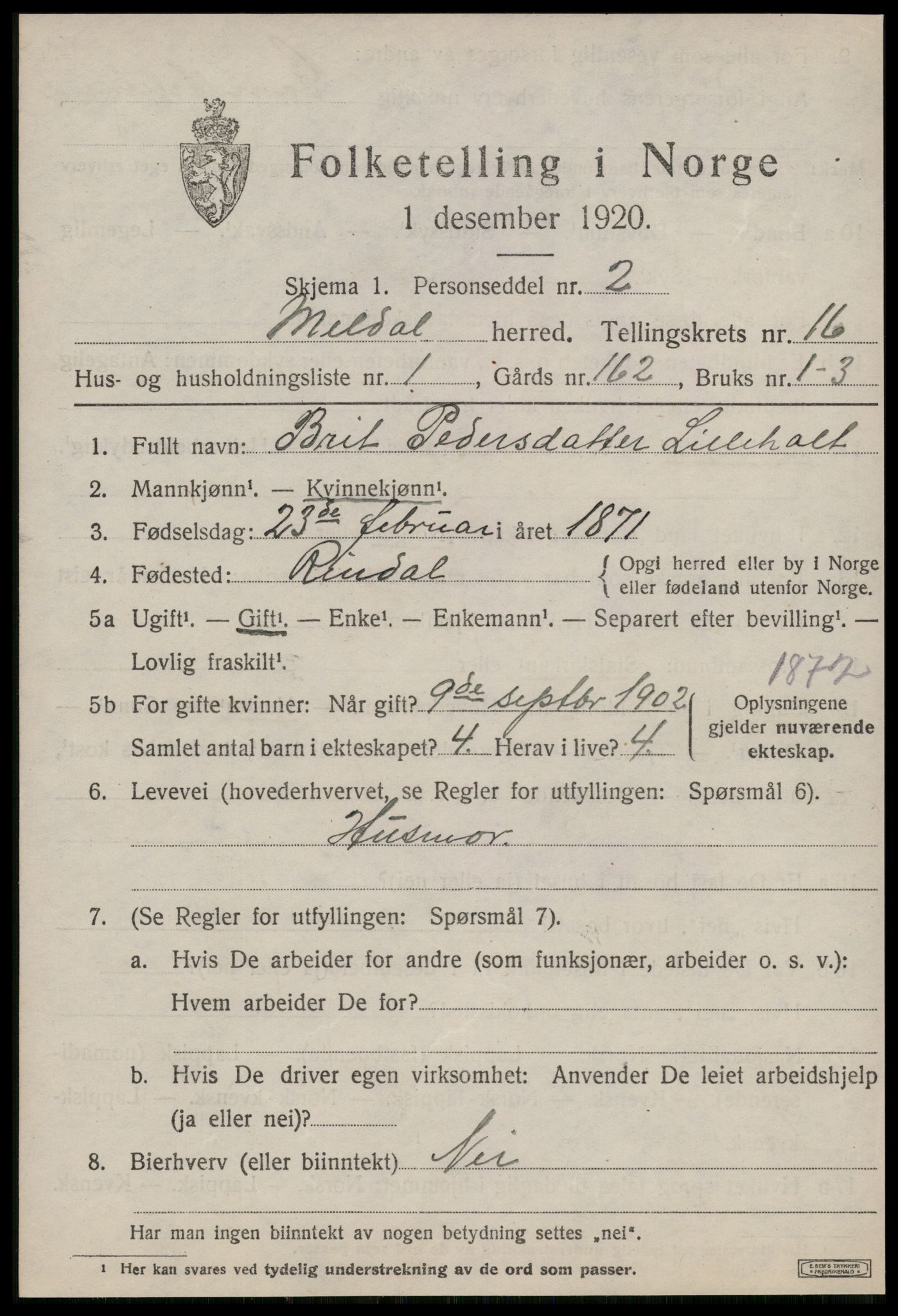 SAT, 1920 census for Meldal, 1920, p. 10831