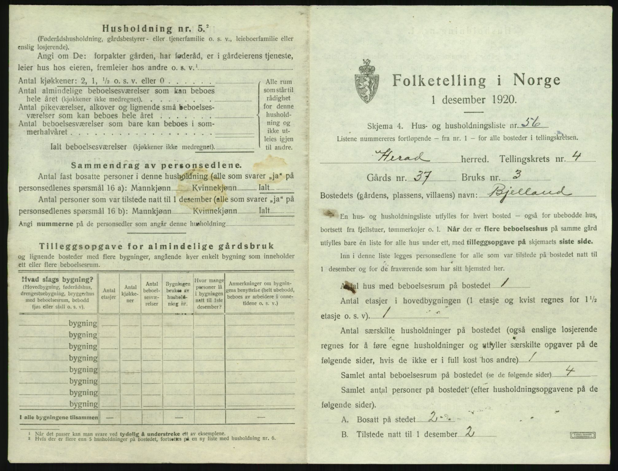 SAK, 1920 census for Herad, 1920, p. 424