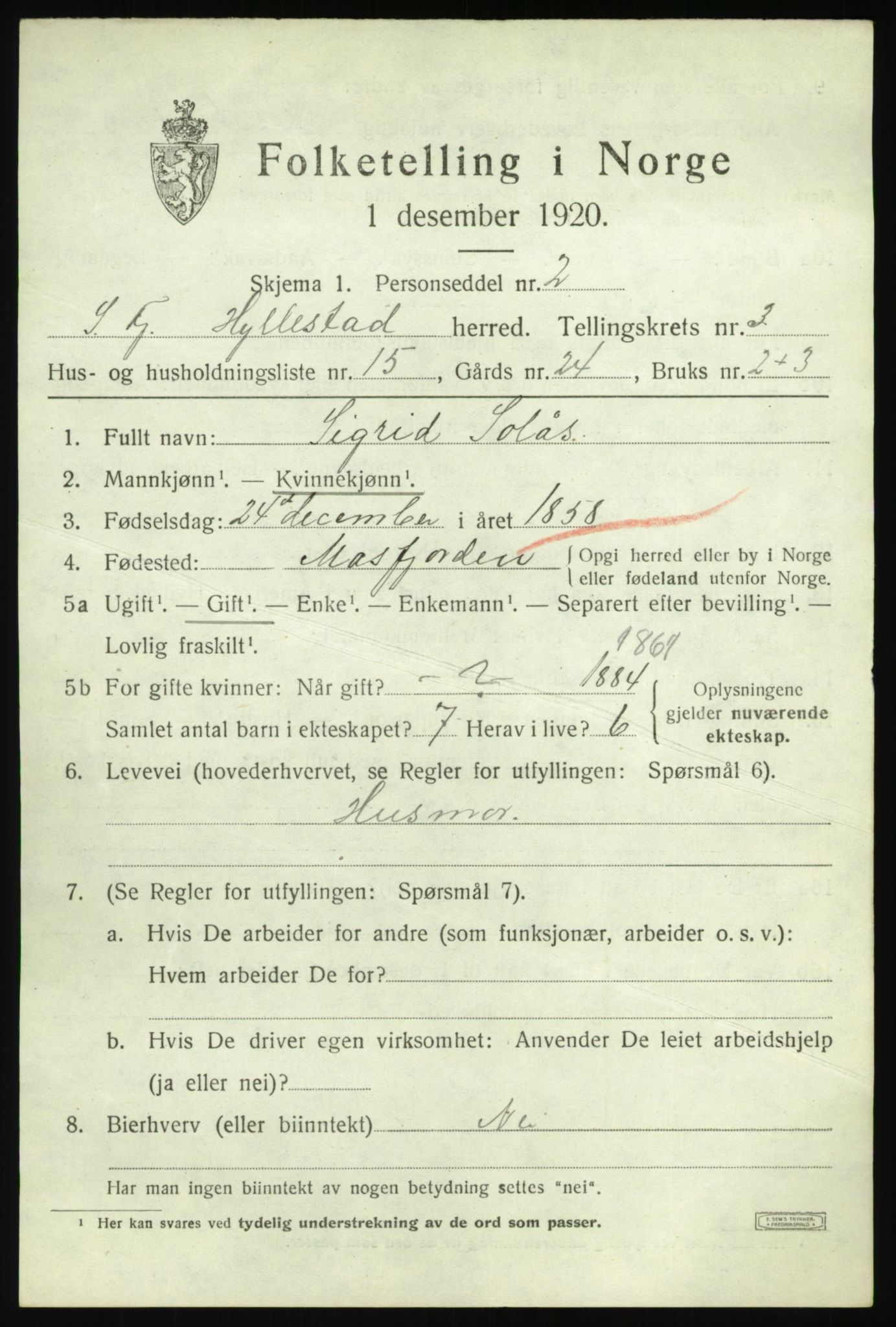 SAB, 1920 census for Hyllestad, 1920, p. 1812