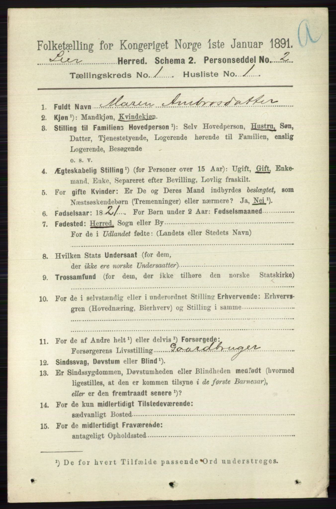 RA, 1891 census for 0626 Lier, 1891, p. 188