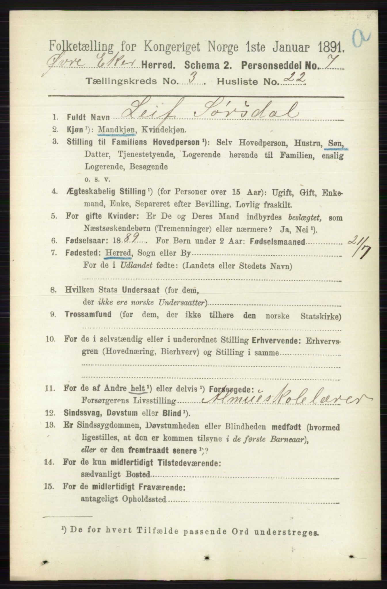 RA, 1891 census for 0624 Øvre Eiker, 1891, p. 1125