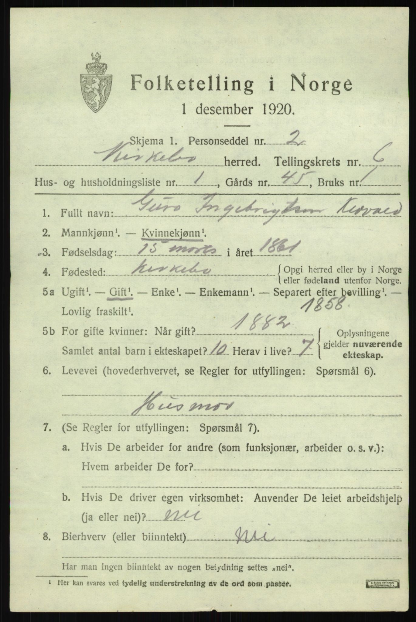 SAB, 1920 census for Kyrkjebø, 1920, p. 2919