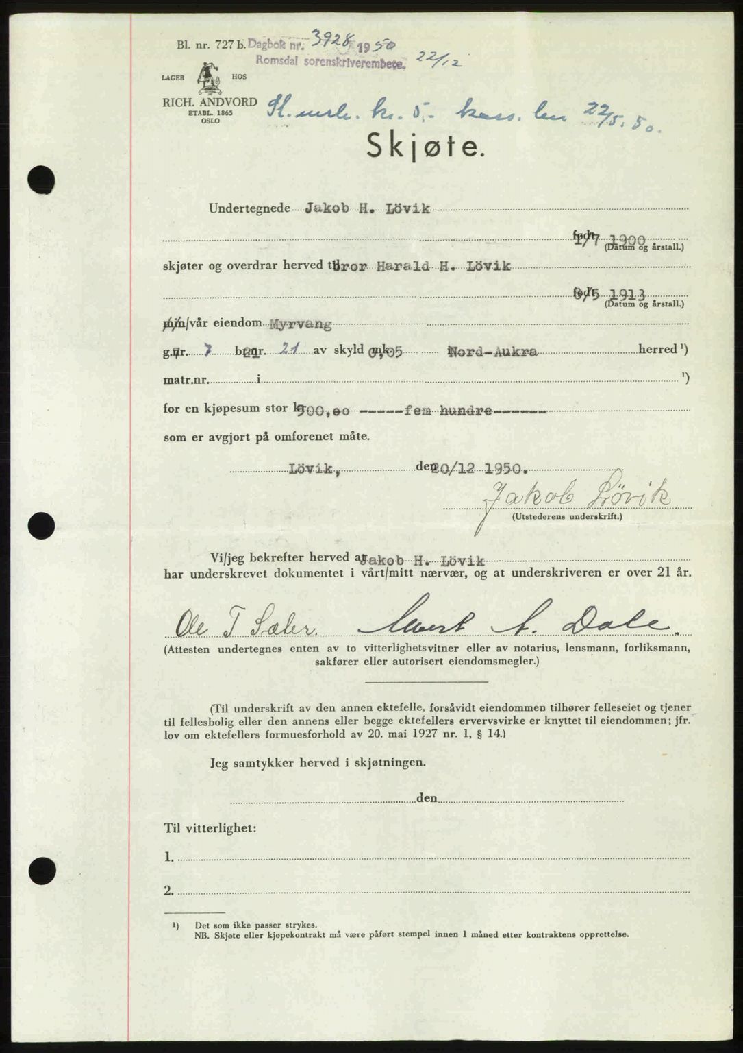 Romsdal sorenskriveri, AV/SAT-A-4149/1/2/2C: Mortgage book no. A35, 1950-1950, Diary no: : 3928/1950