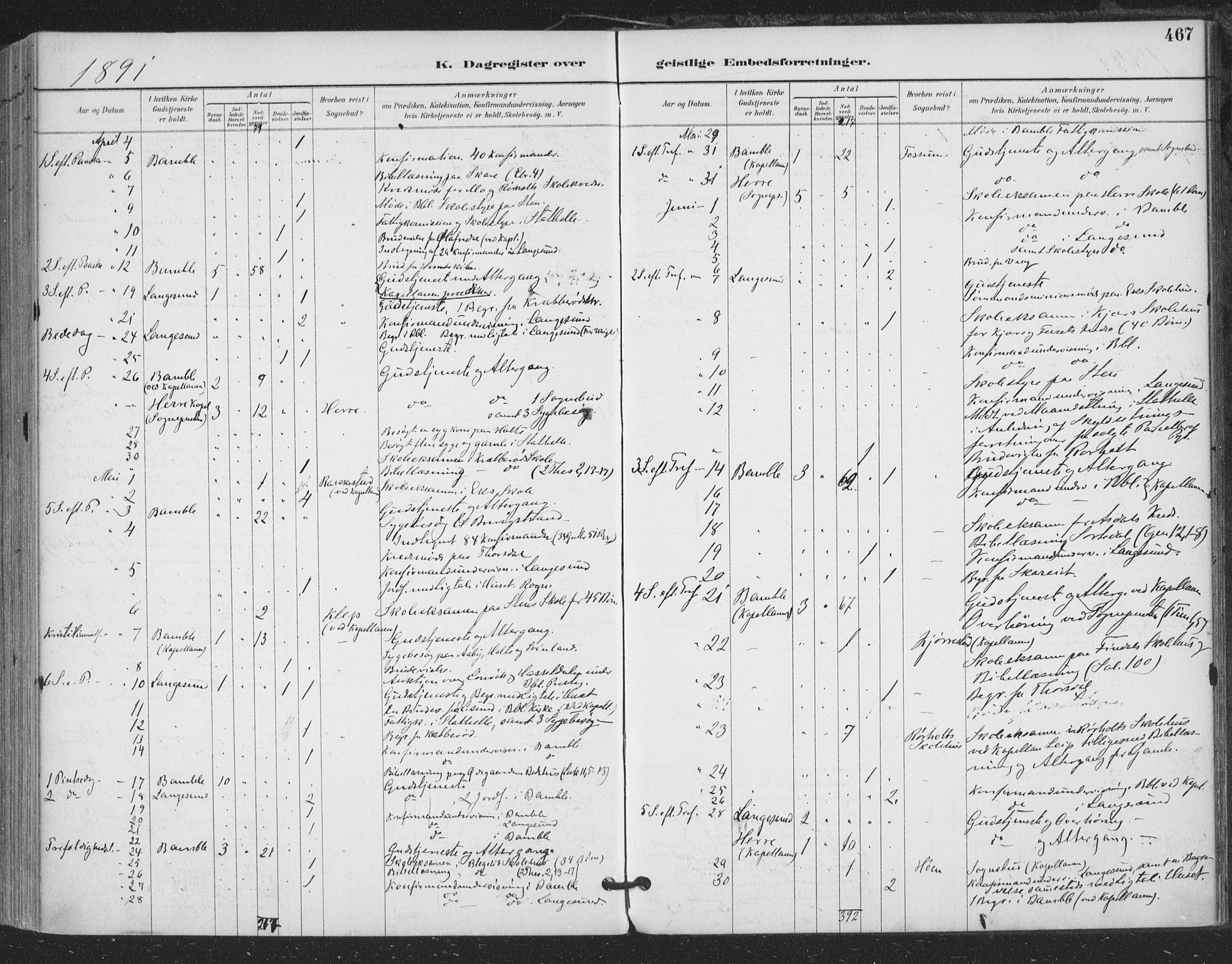 Bamble kirkebøker, AV/SAKO-A-253/F/Fa/L0008: Parish register (official) no. I 8, 1888-1900, p. 467