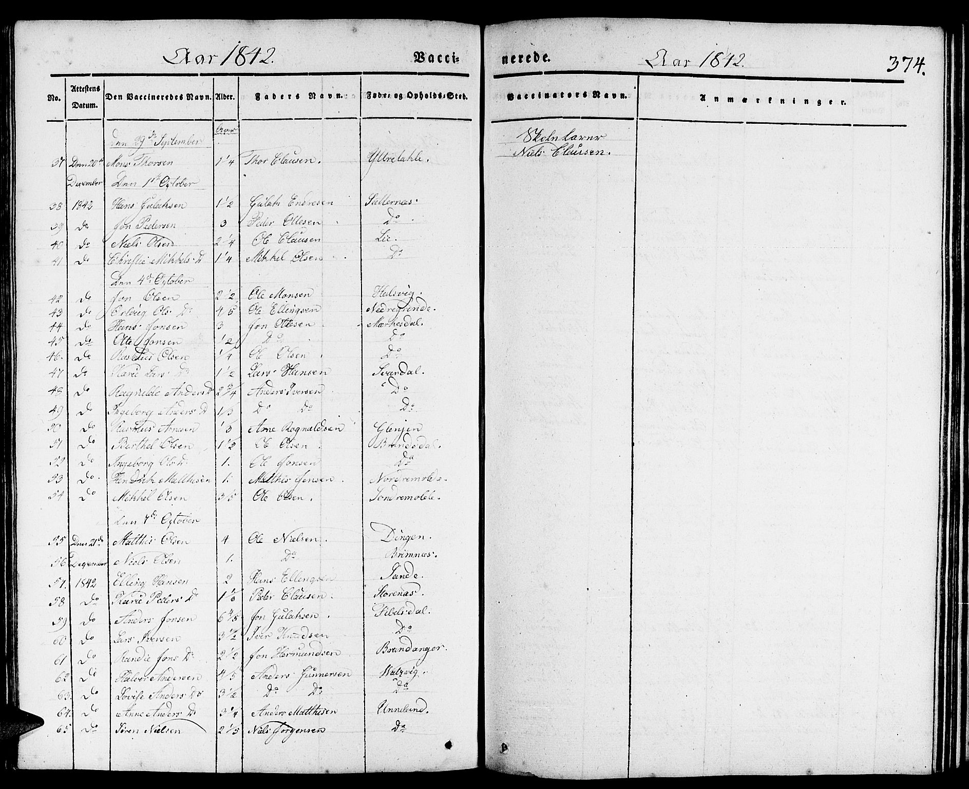 Gulen sokneprestembete, AV/SAB-A-80201/H/Haa/Haaa/L0020: Parish register (official) no. A 20, 1837-1847, p. 374