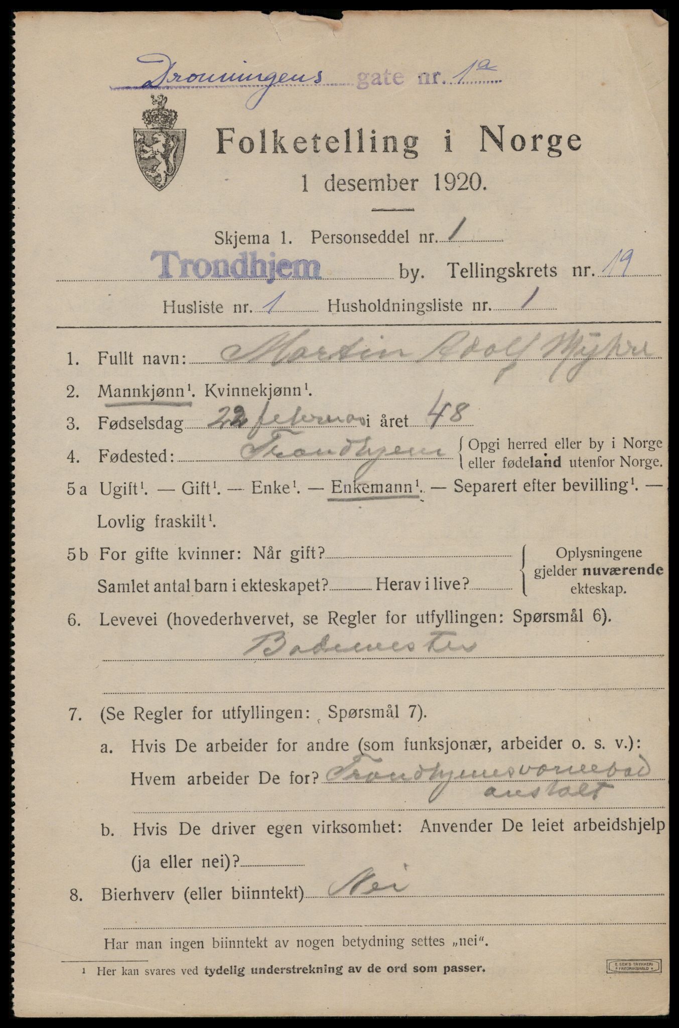 SAT, 1920 census for Trondheim, 1920, p. 58238