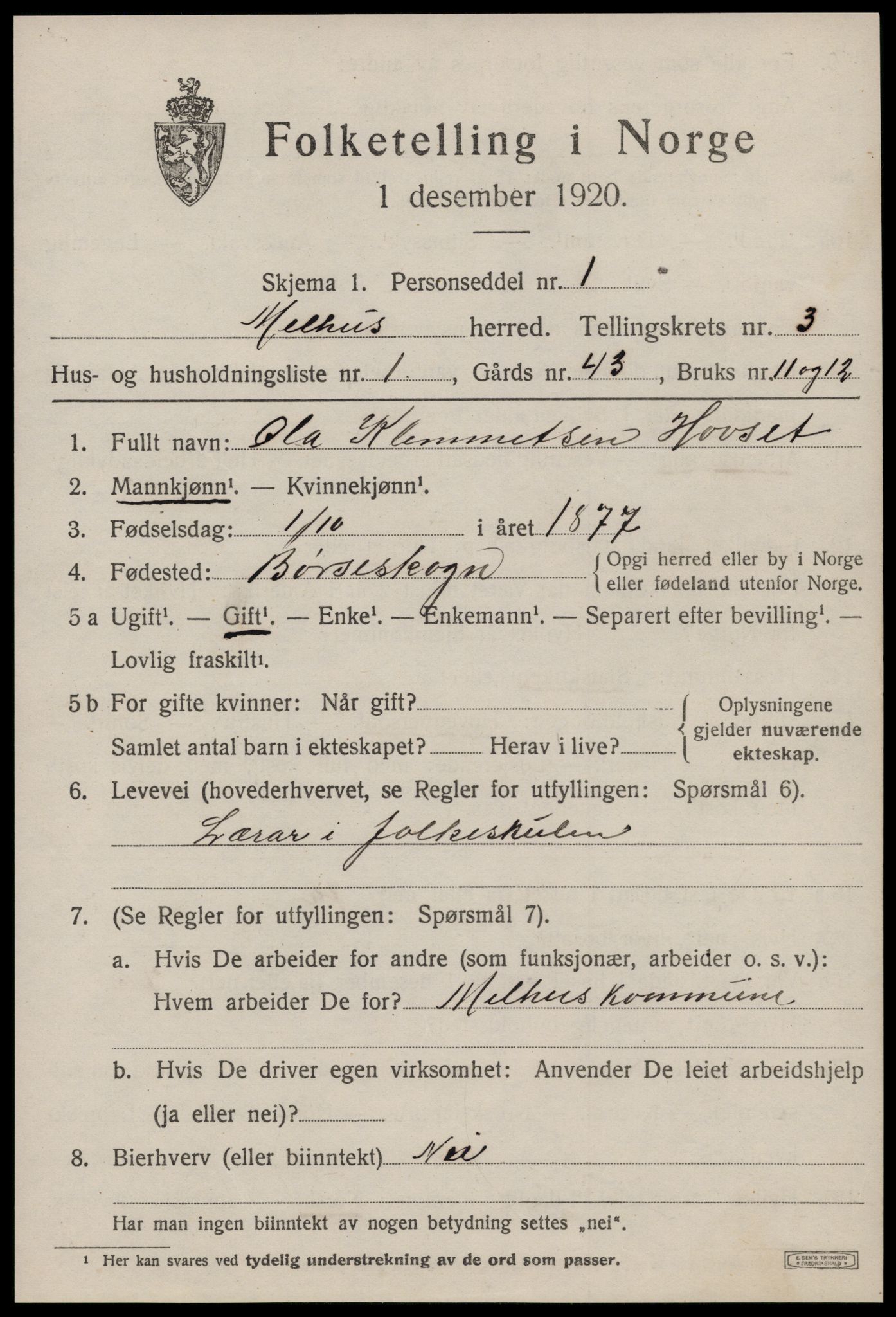 SAT, 1920 census for Melhus, 1920, p. 2593