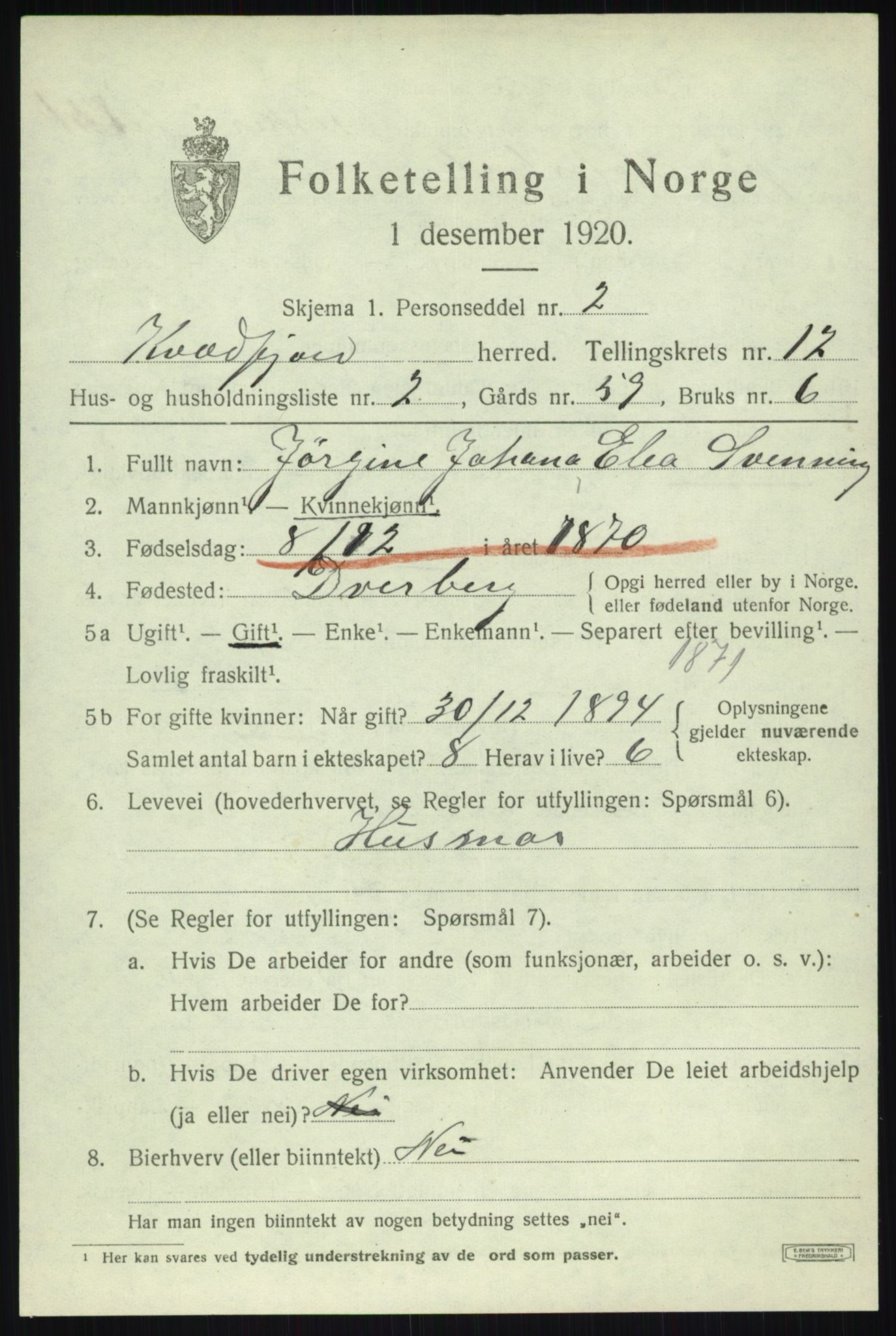 SATØ, 1920 census for Kvæfjord, 1920, p. 5745